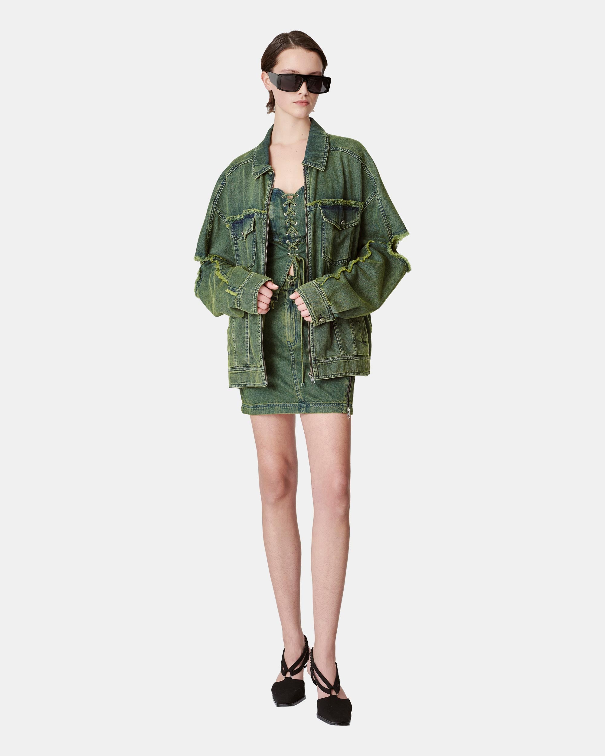 Unisex Style Ripped Sleeve Washed Denim Jacket