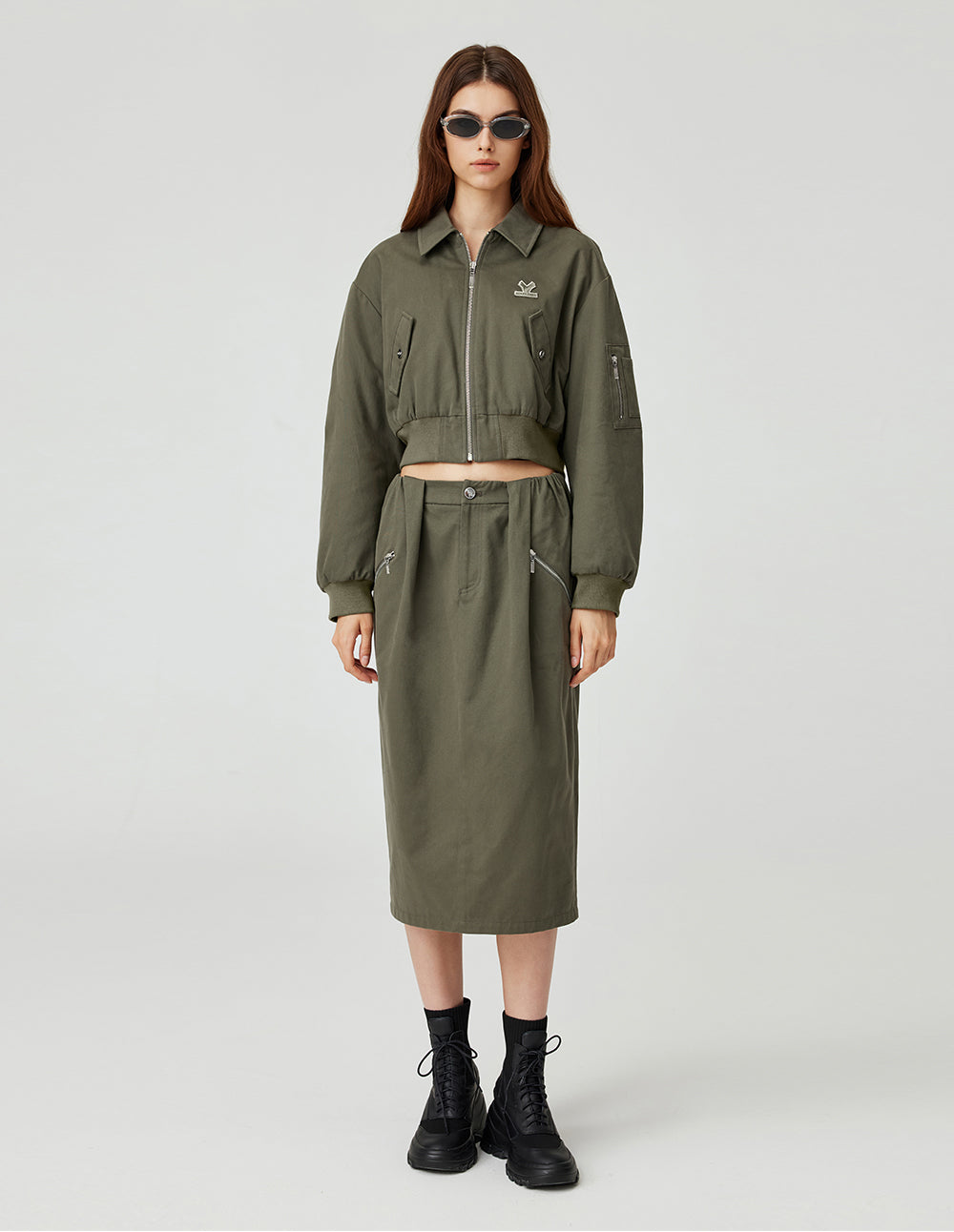 Women's Retro Grey Olive Green Loose Straight Fit Pleated Design Versatile Midi Skirt