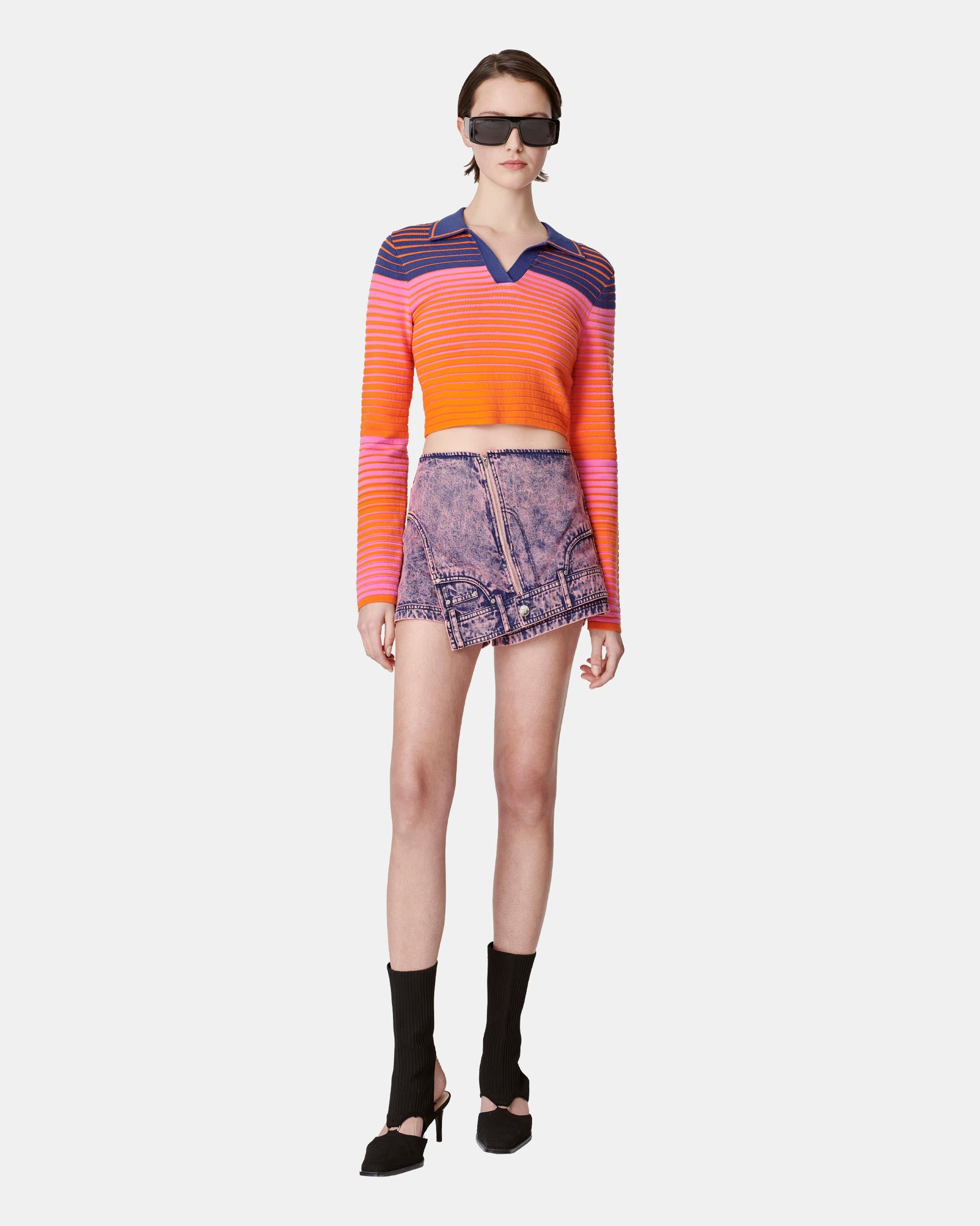 Women's Gradient Striped V-Neck Polo Collar Cropped Sweater