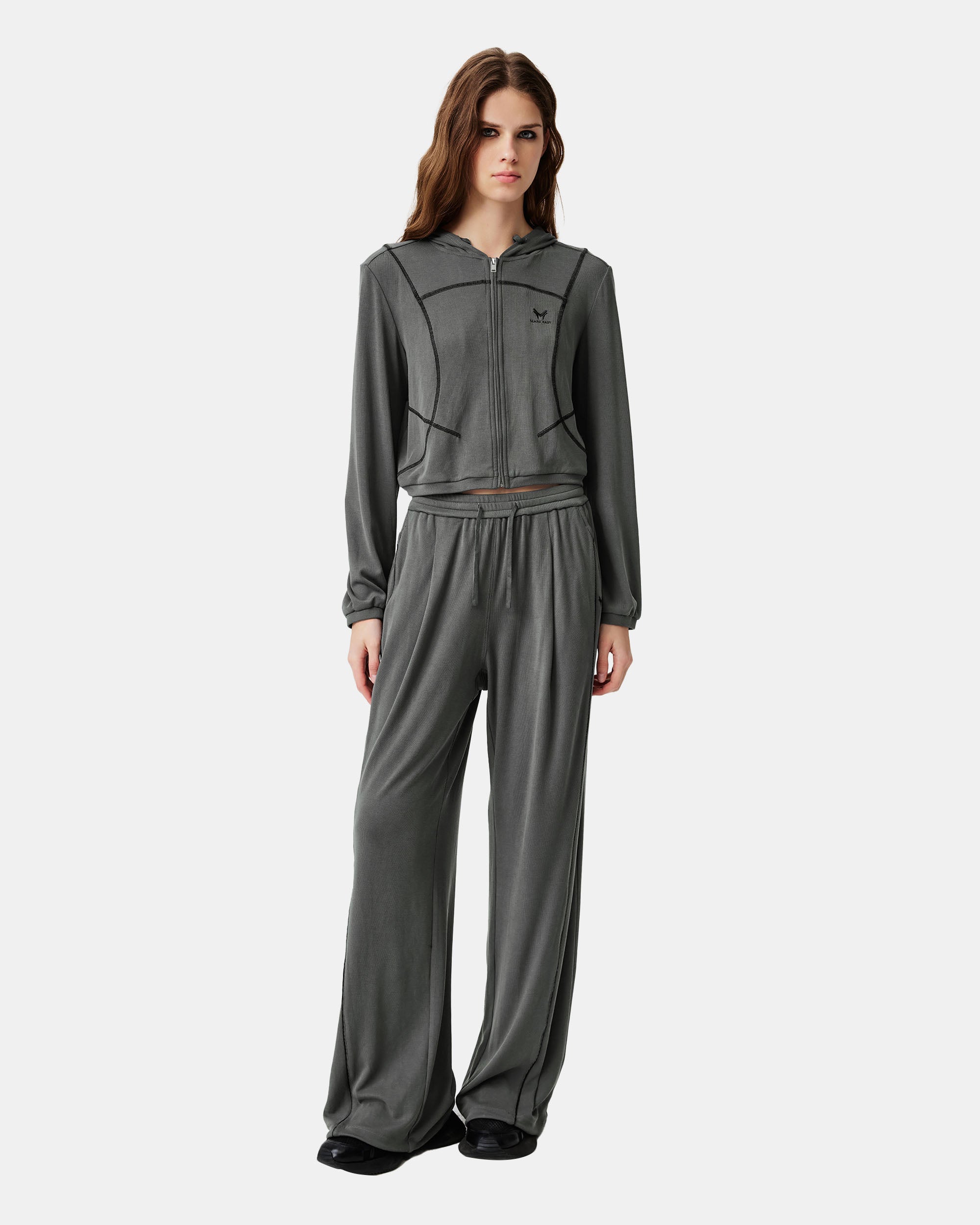 Women's Grey Drawstring Elastic Waist Relaxed Fit Trousers