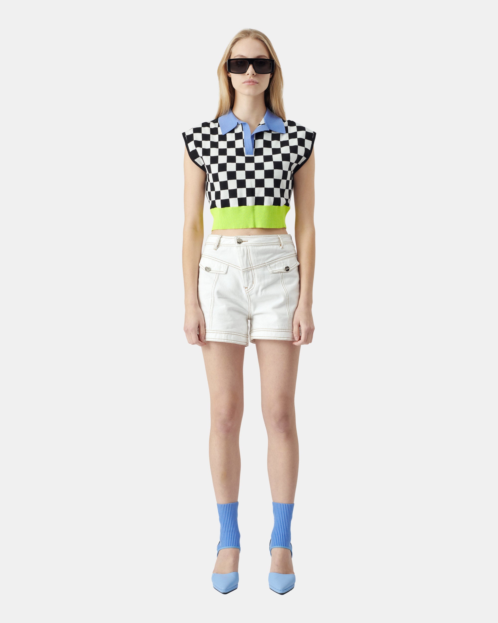 Women's Checkered Shoulder Pad Knit Sweater