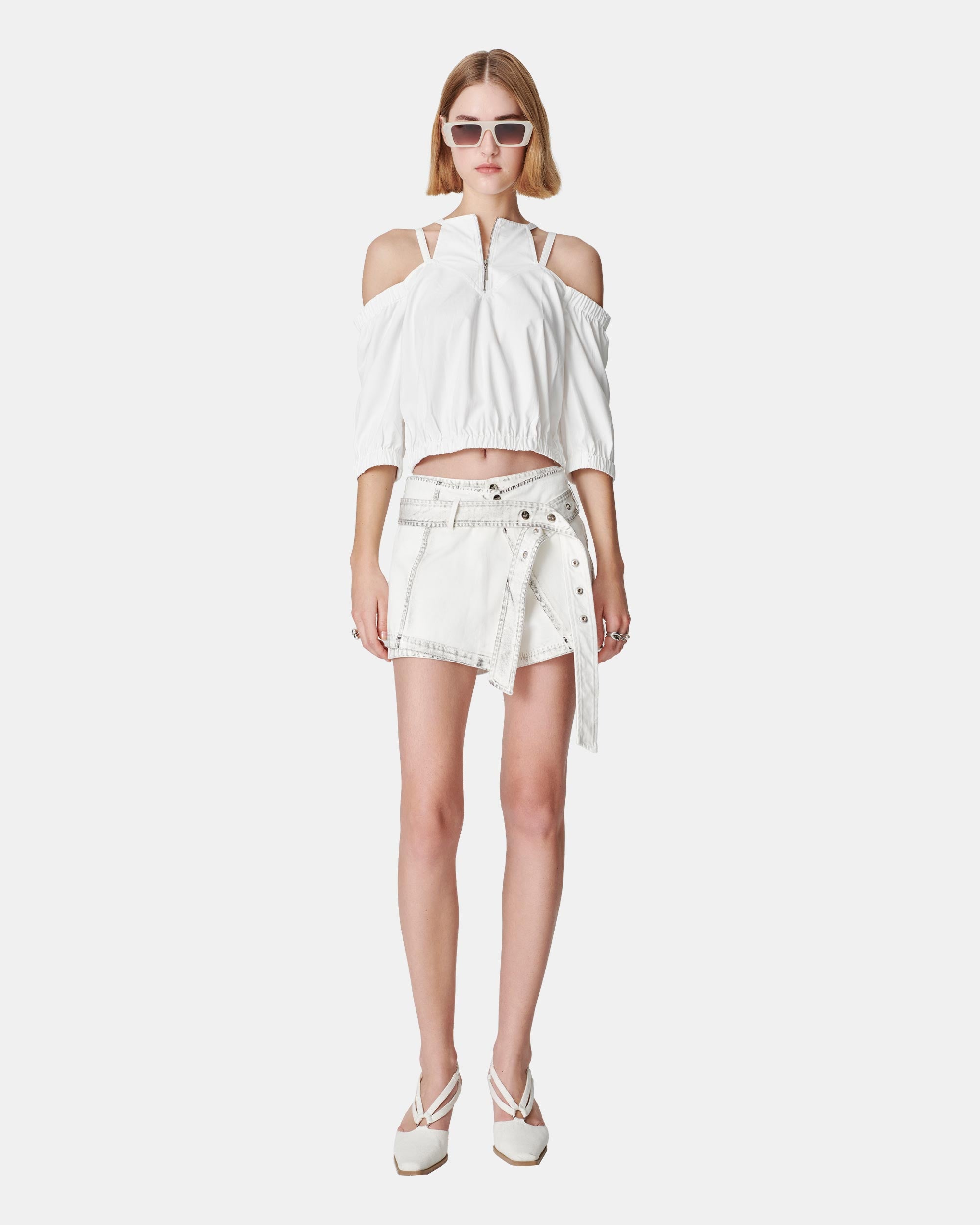Women's Front Zip Off-The-Shoulder Mid-Sleeve Top