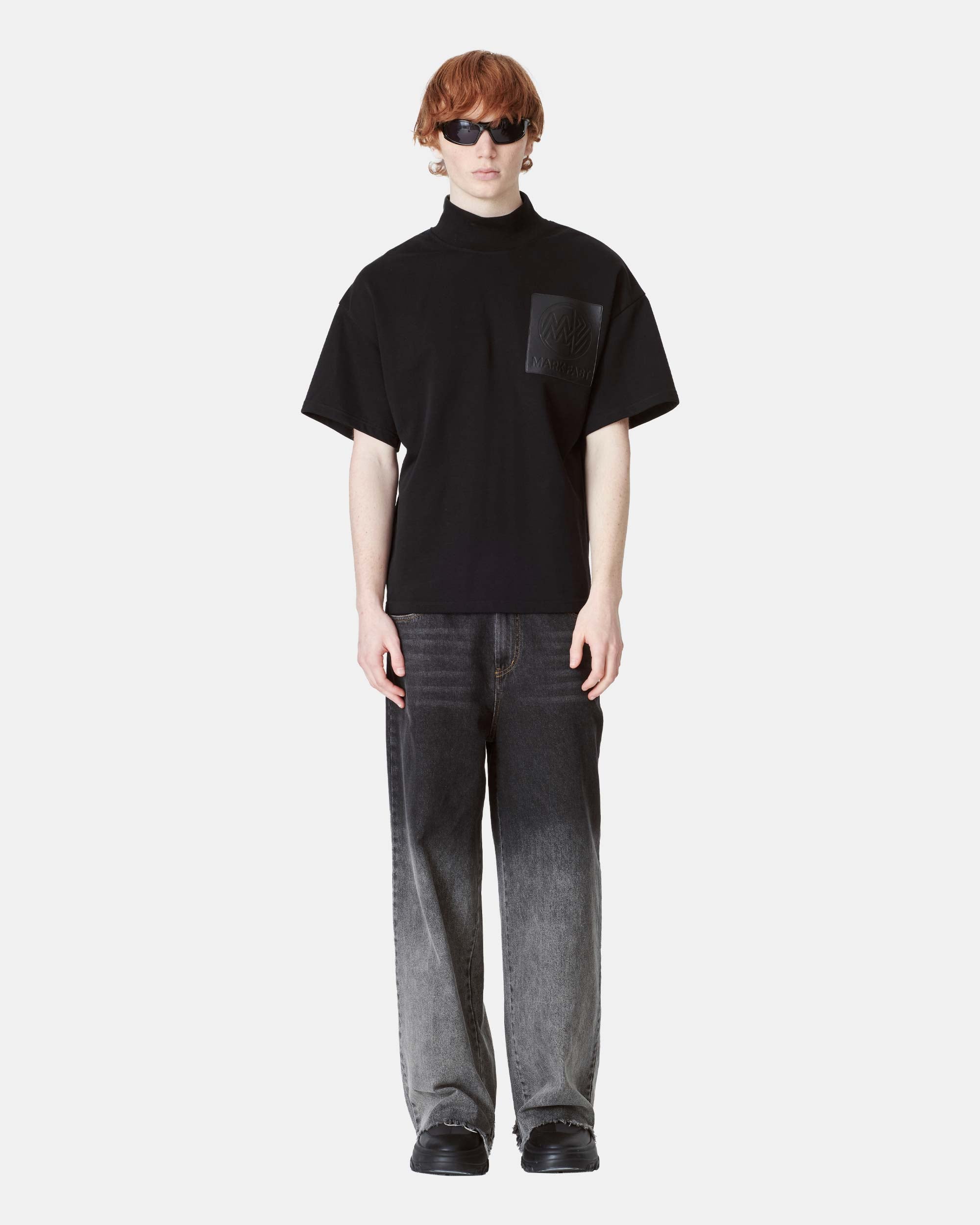 Men's Embossed Leather Patch Mock Neck Cotton Tee