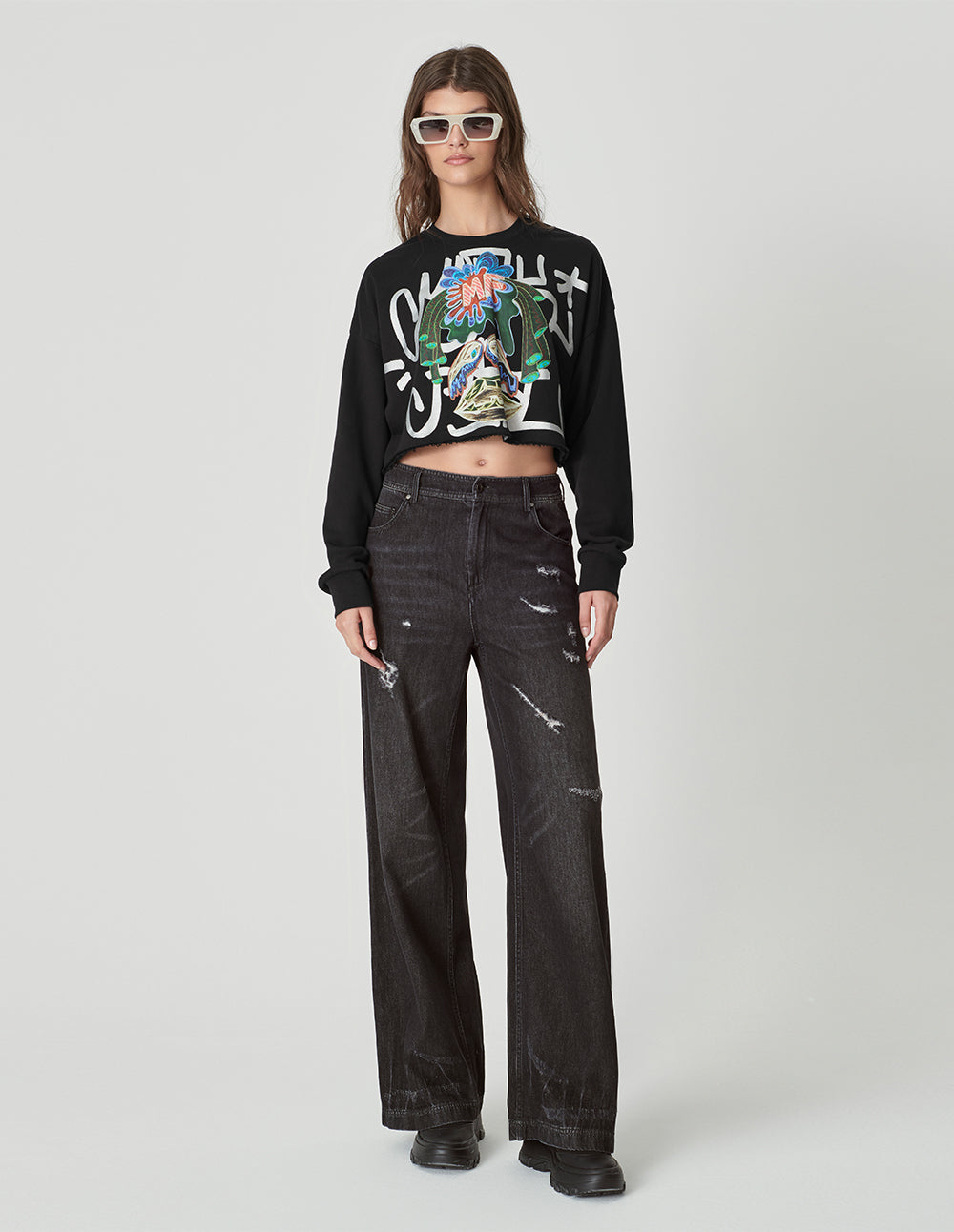 Women's Abstract Print Raw Edge Cropped Hoodie Sweatshirt