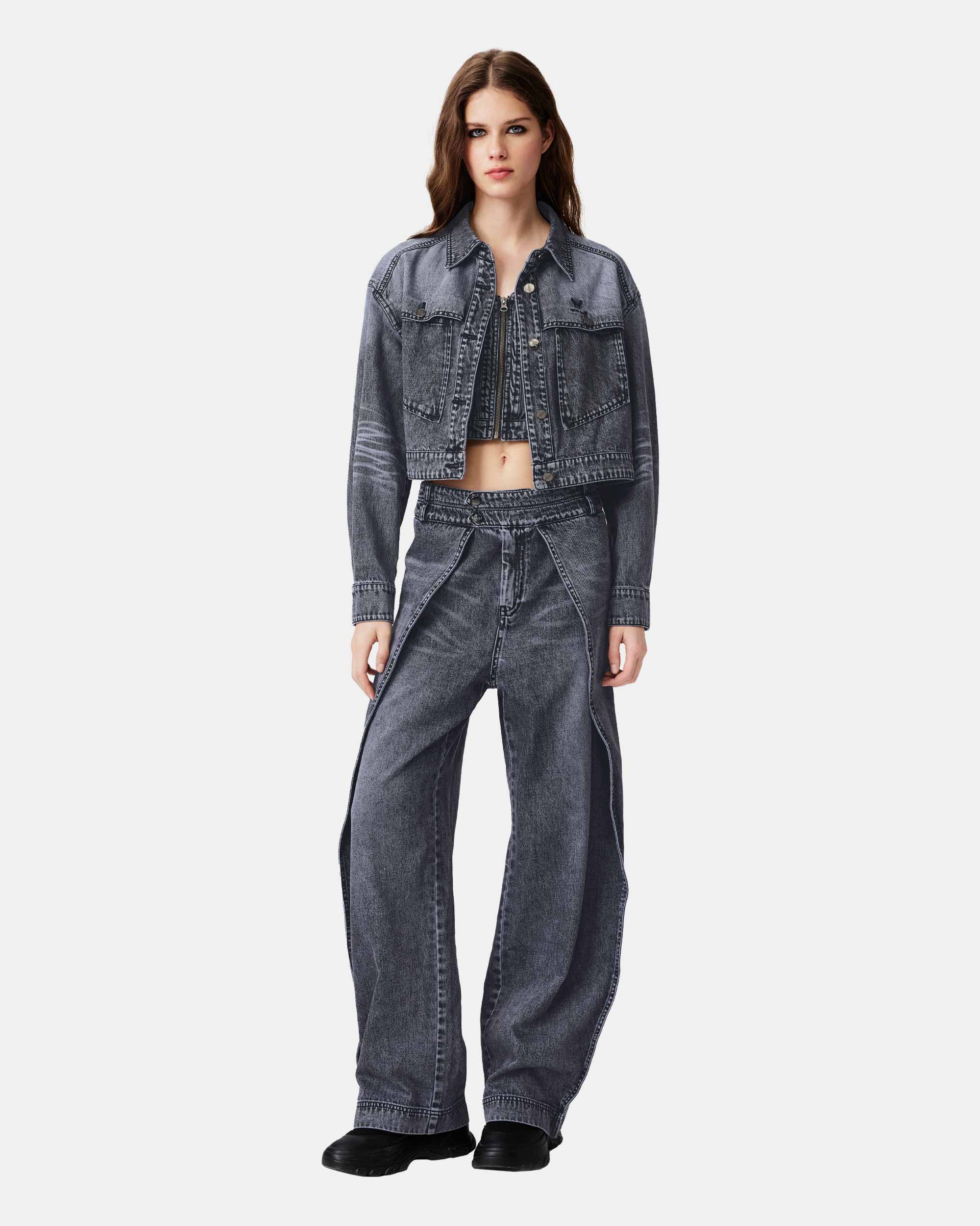 Women's Grey Acid Wash Denim Cropped Jacket