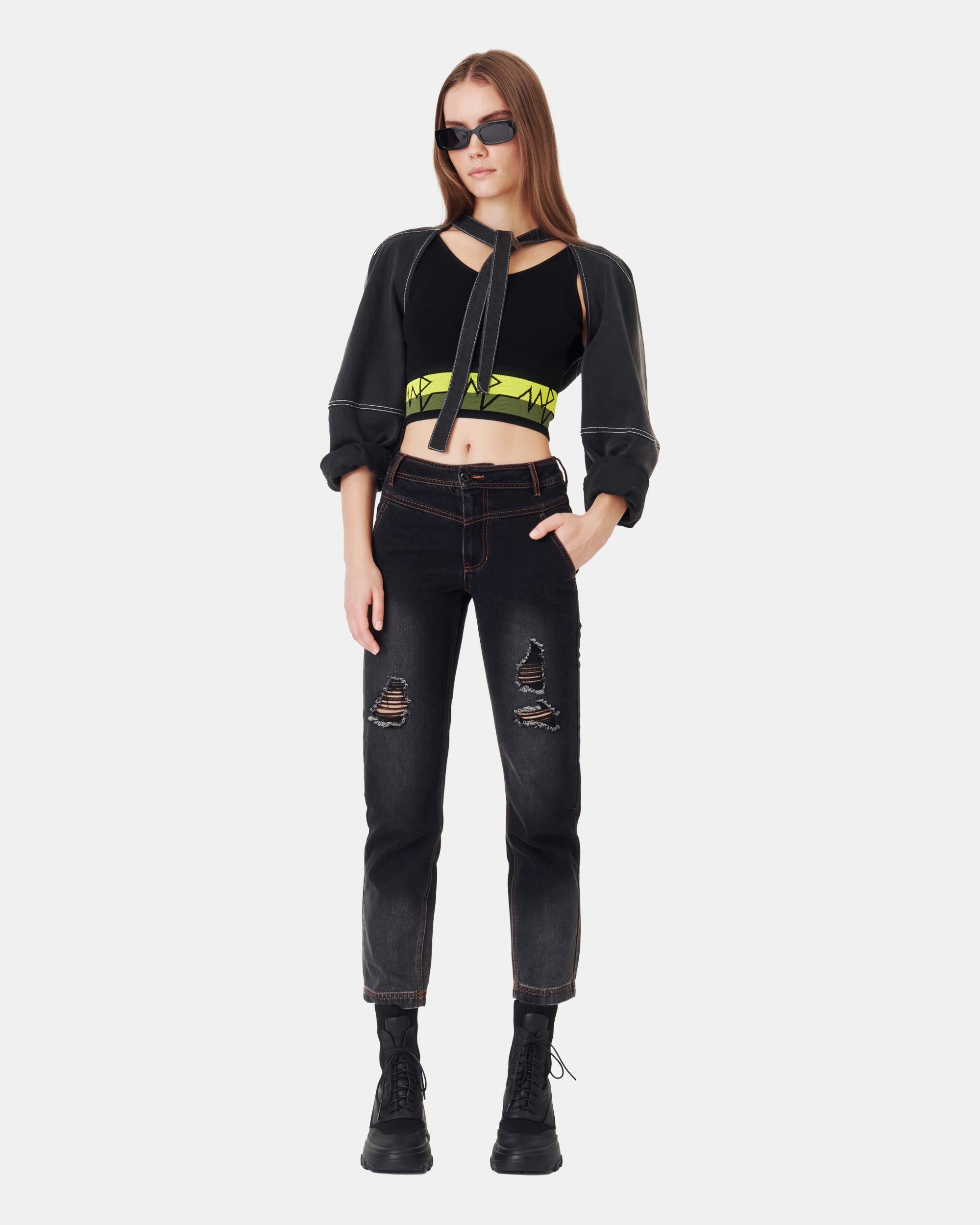 Women's Black Washed Tie-Up Denim Crop Bolero Jacket