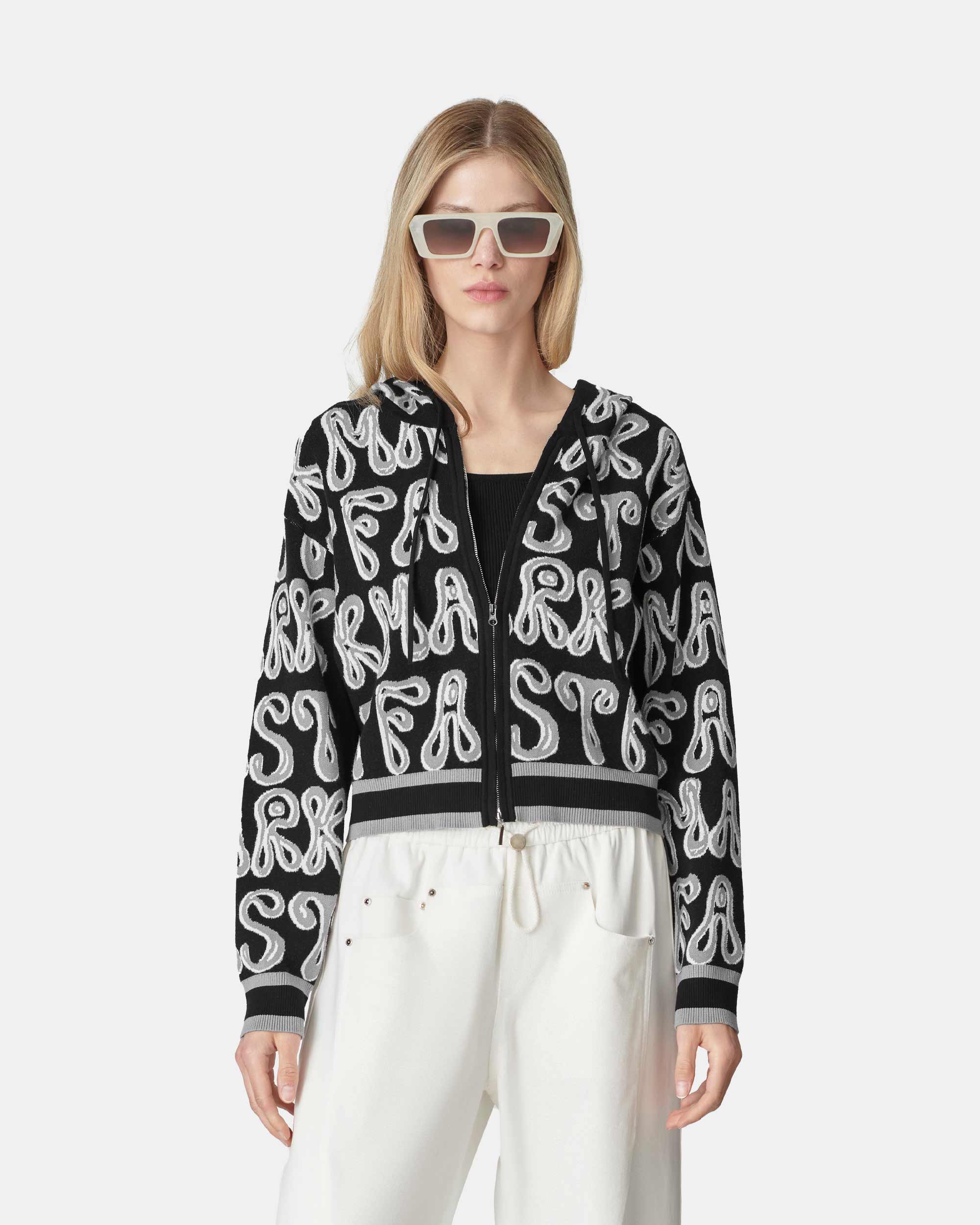 Women's Zip Up Cropped Graphic Jacquard Knit Sweater Hoodie