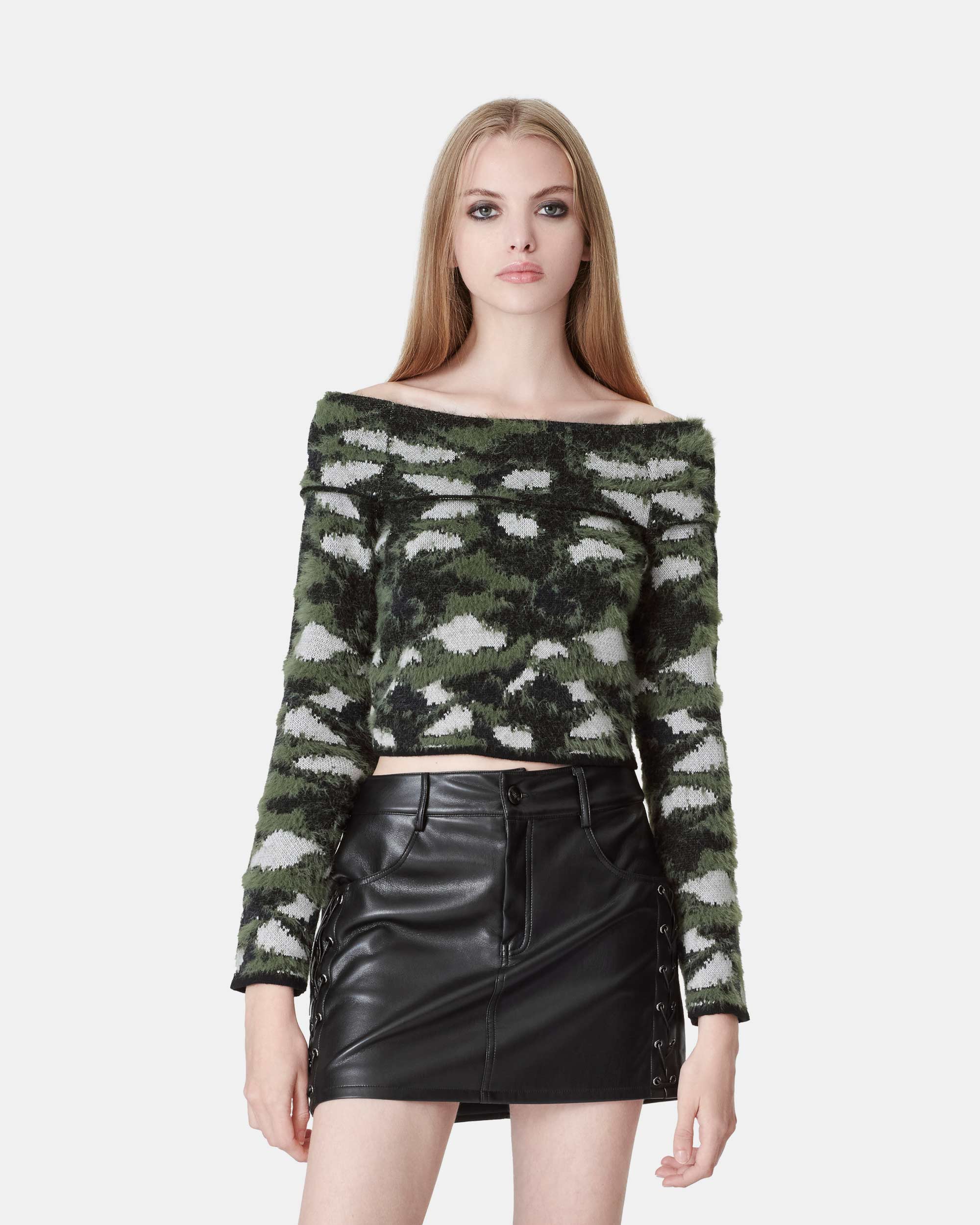 Women's Camo Jacquard Fuzzy Off-the-Shoulder Sweater