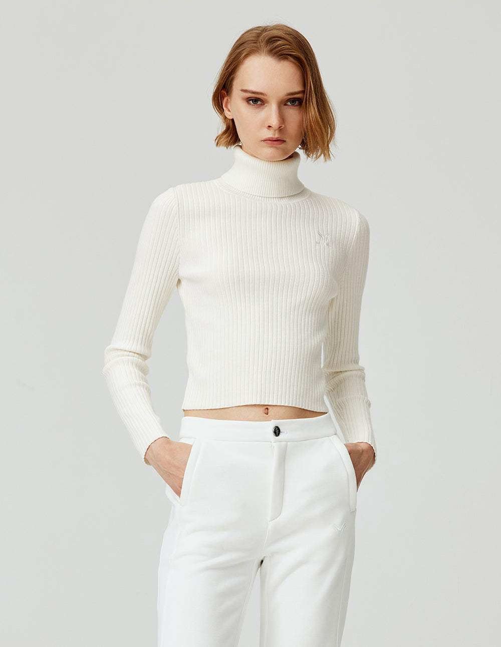 Women's Premium White Versatile Turtleneck Ribbed Knit Pullover