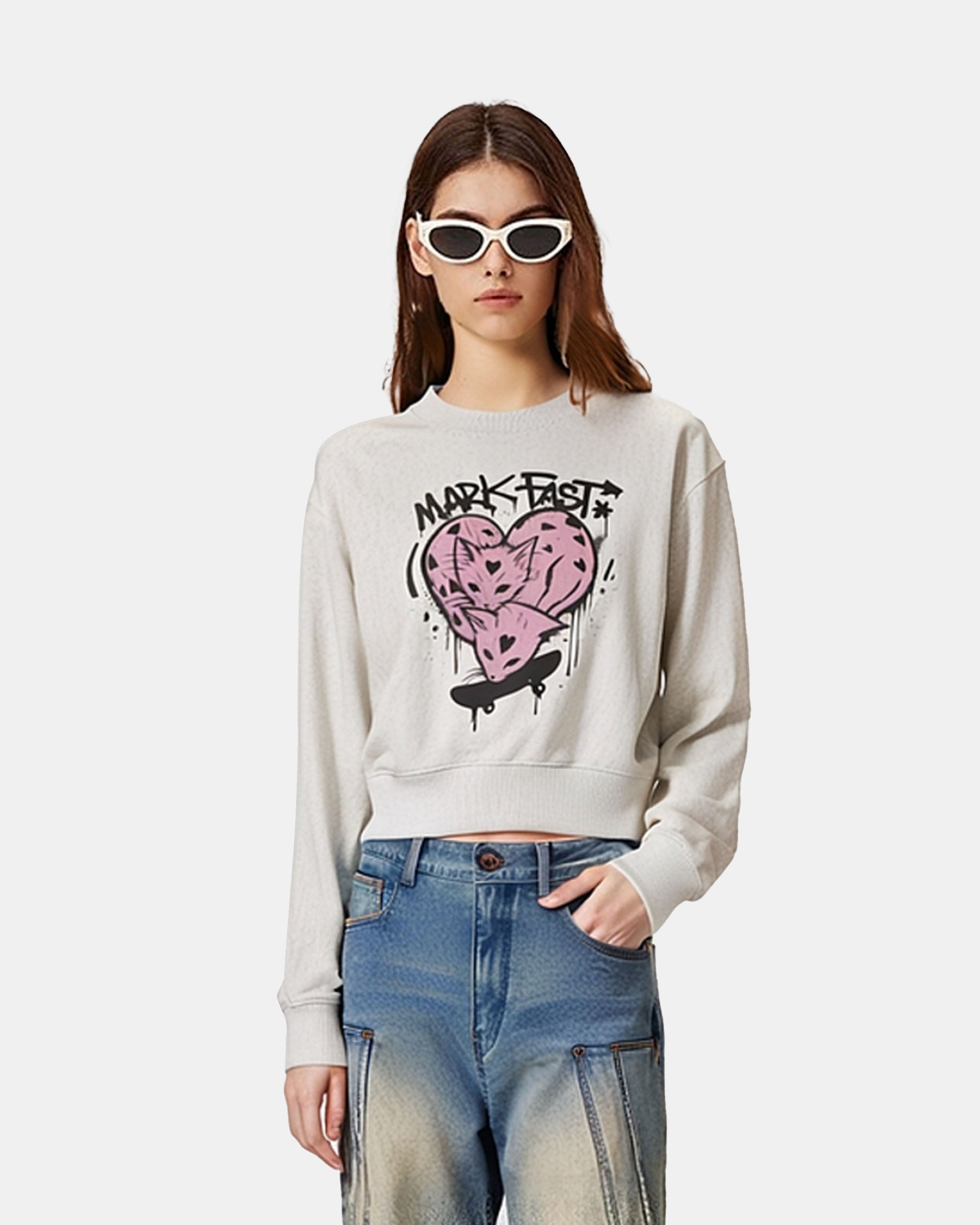 Women's Graffiti Heart Cat Cropped Sweatshirt
