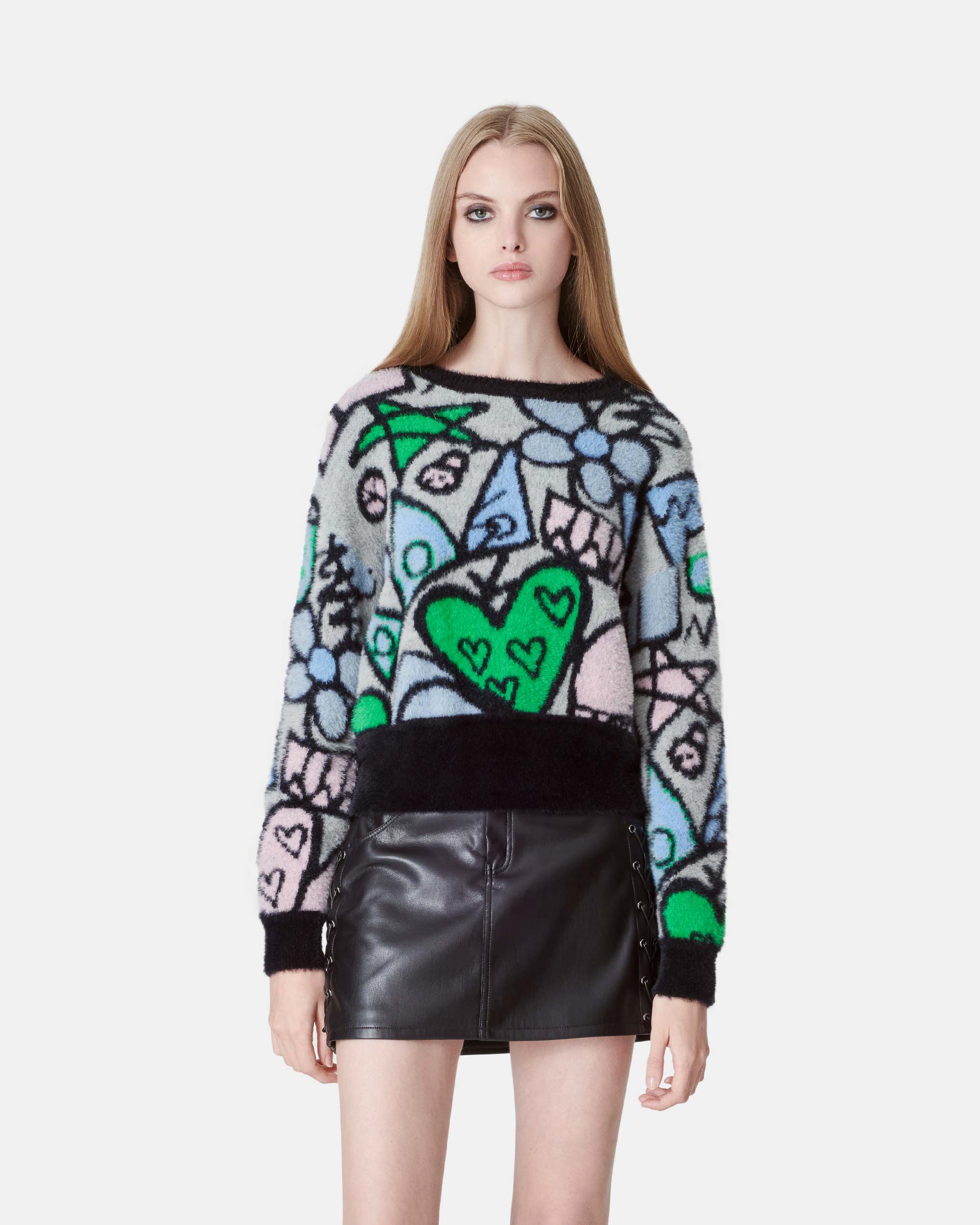 Women's Multicolor Abstract Graphic Brushed Cropped Jacquard Sweater