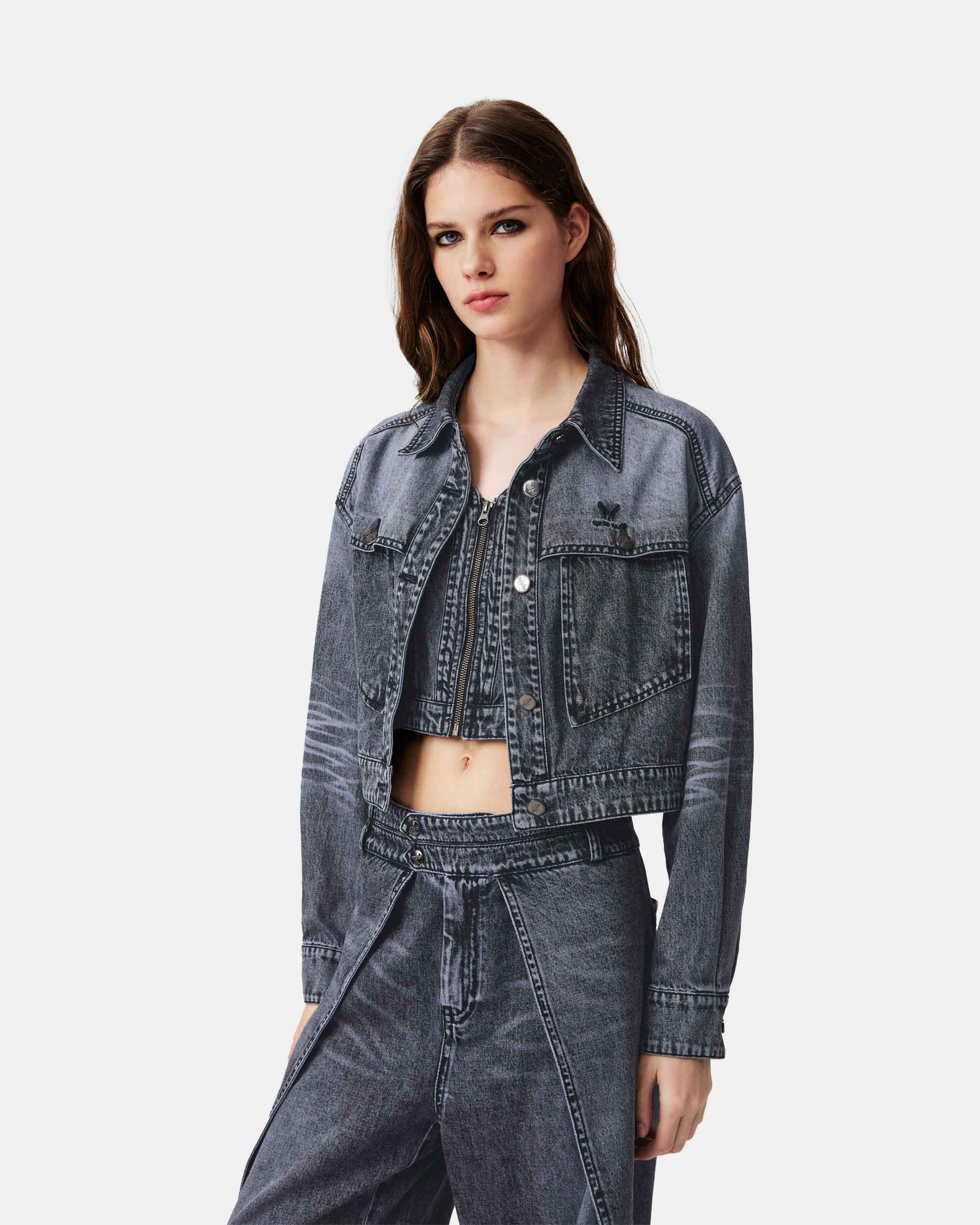 Women's Grey Acid Wash Denim Cropped Jacket