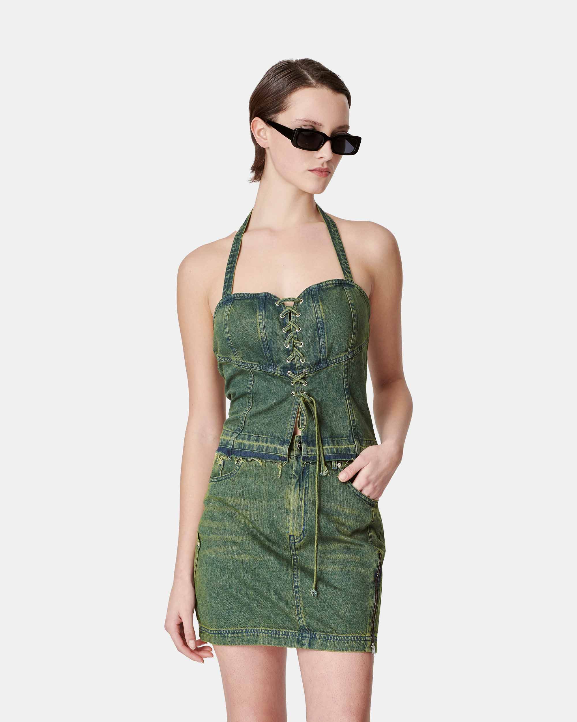Women's Women's Lace Up Front Halter Neck Denim Corset Top