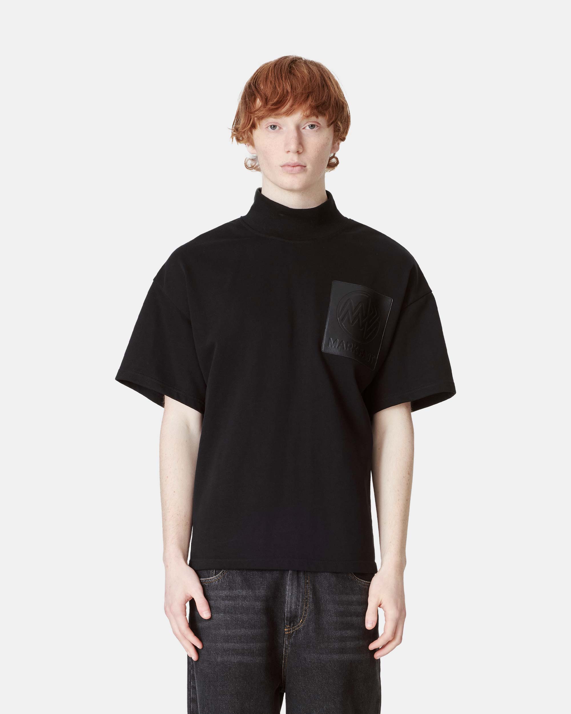 Men's Embossed Leather Patch Mock Neck Cotton Tee