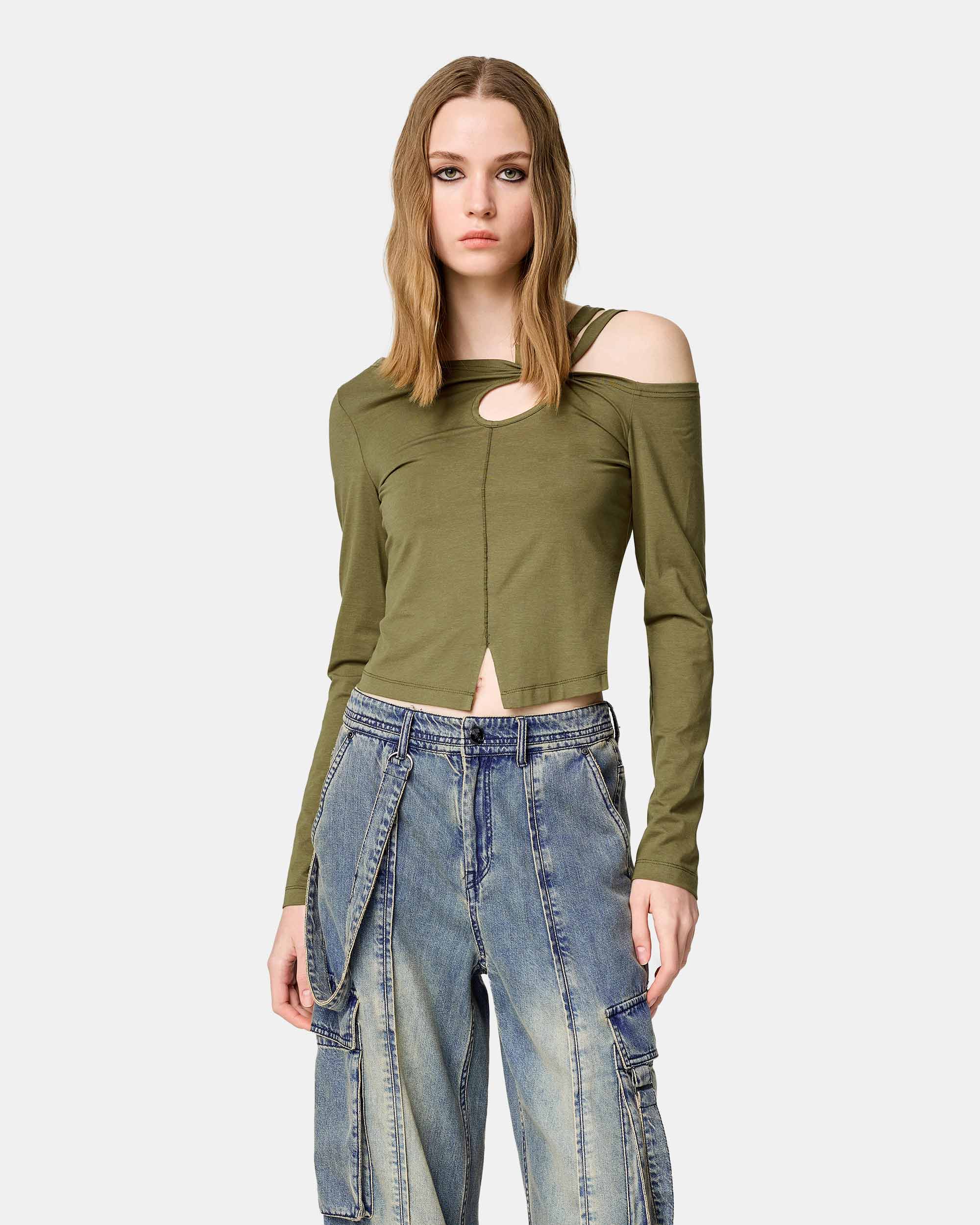 Women's Oblique Collar Double Strap Hollow Top