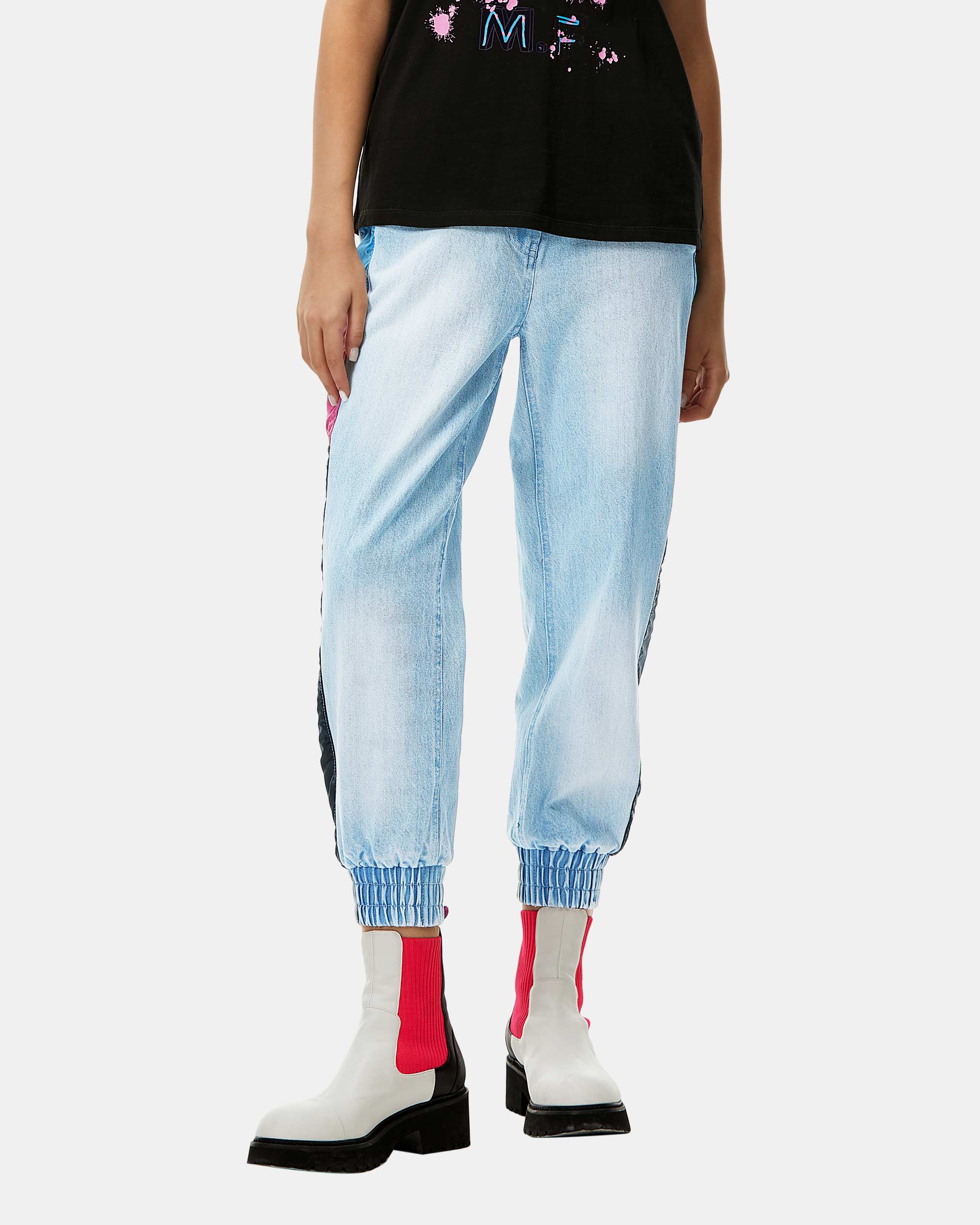 Women Down Fabric Patch Denim Jogger Jeans