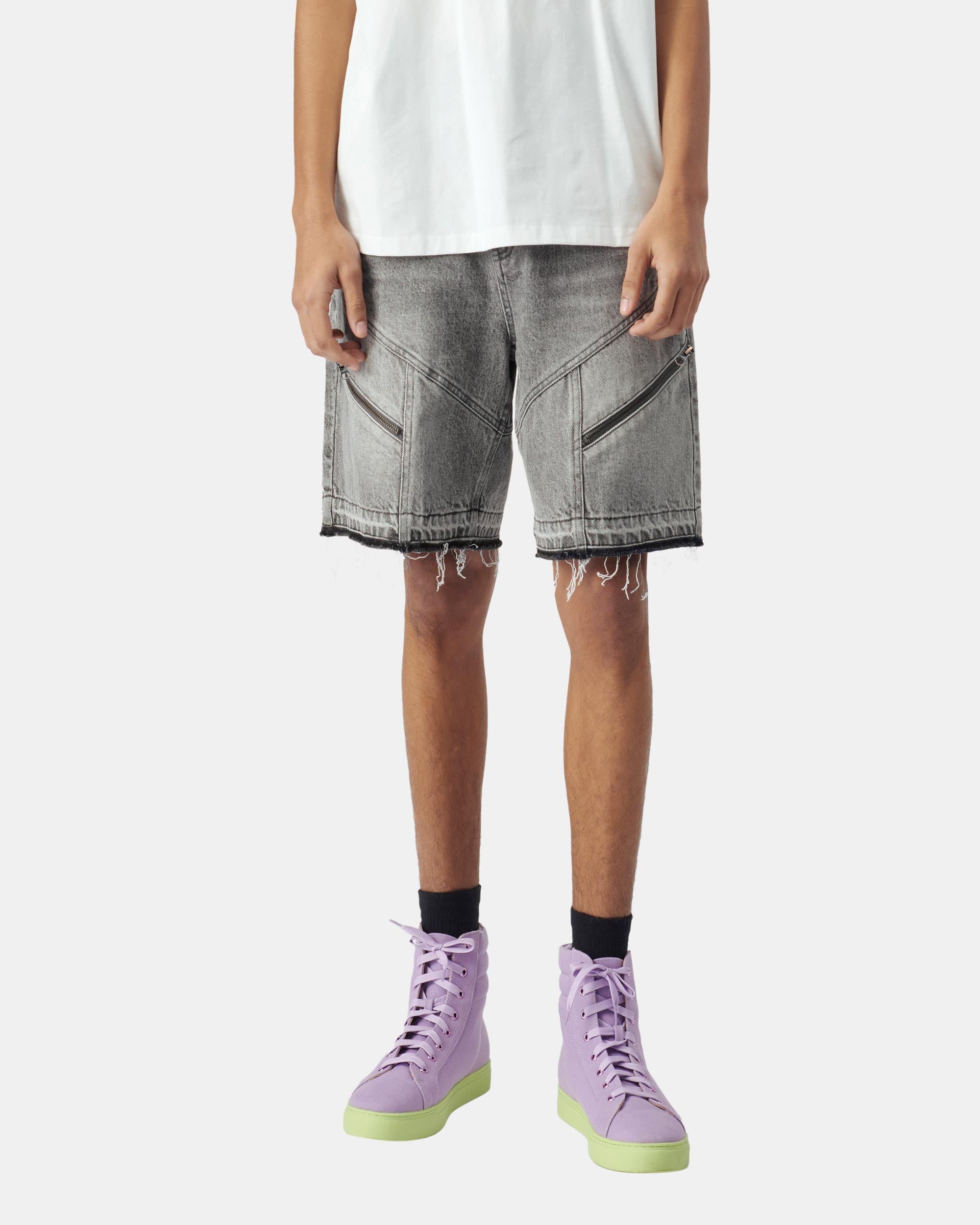 Men's Distressed Charcoal Paneled Knee Length Denim Runway Shorts