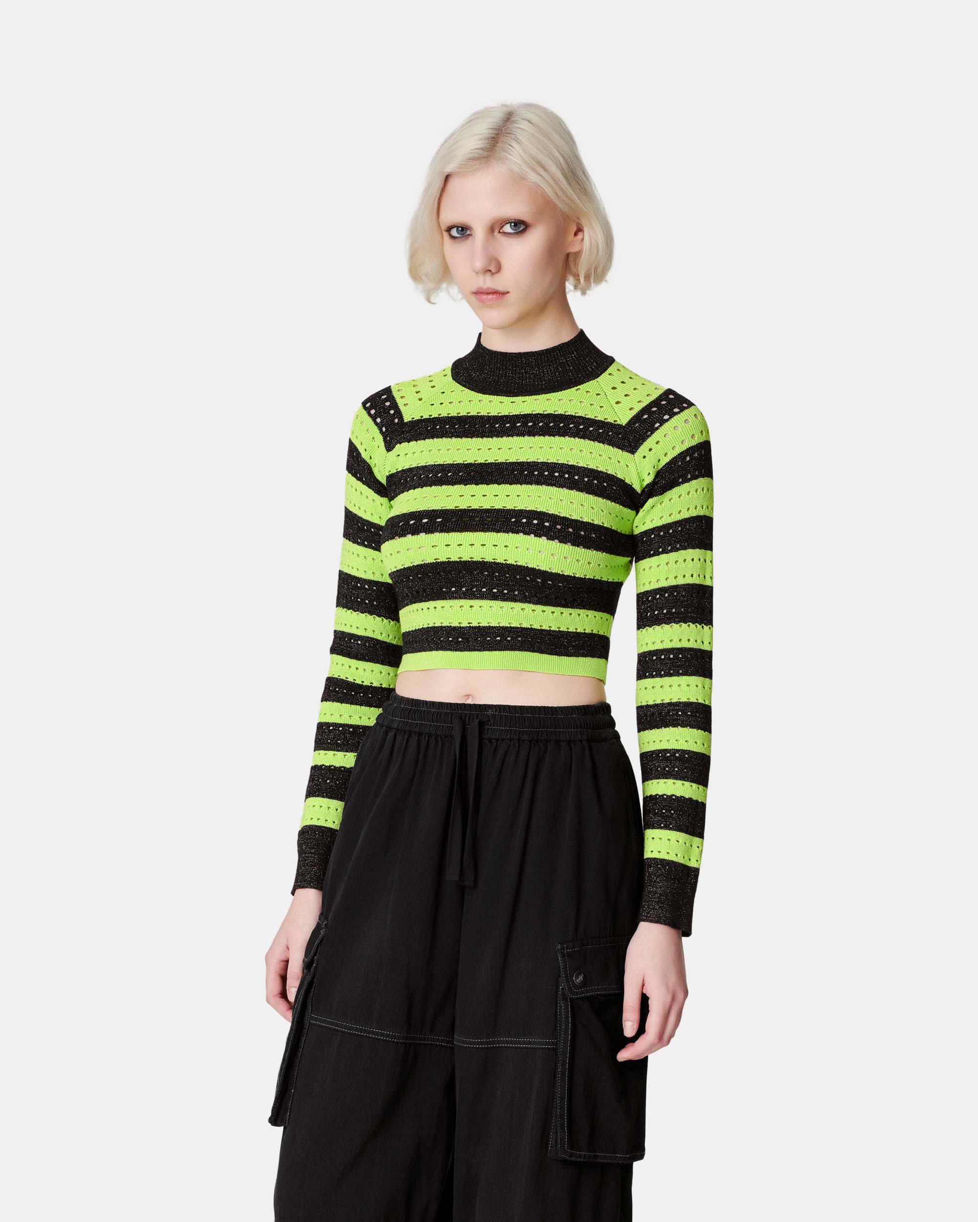 Women's Fluorescent Green Contrast Striped Sweater