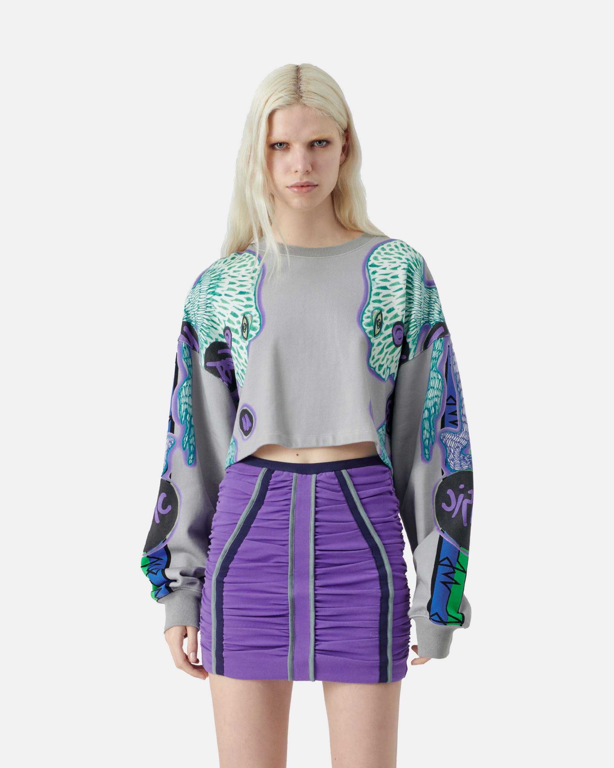 Women's Grey Contrast Print Crop Hoodie Sweatshirt