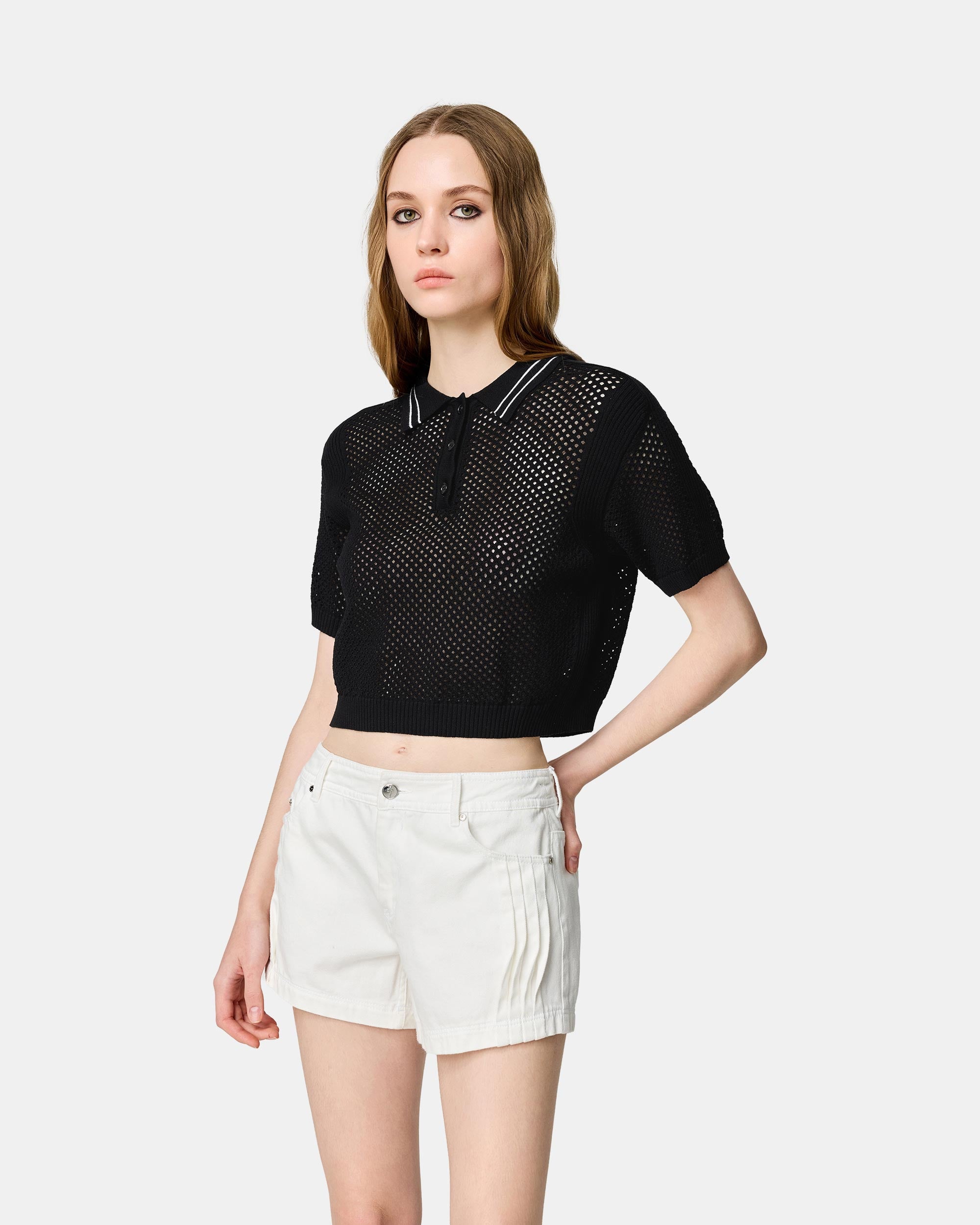Women's Black Polo Neck Eyelet Sweater