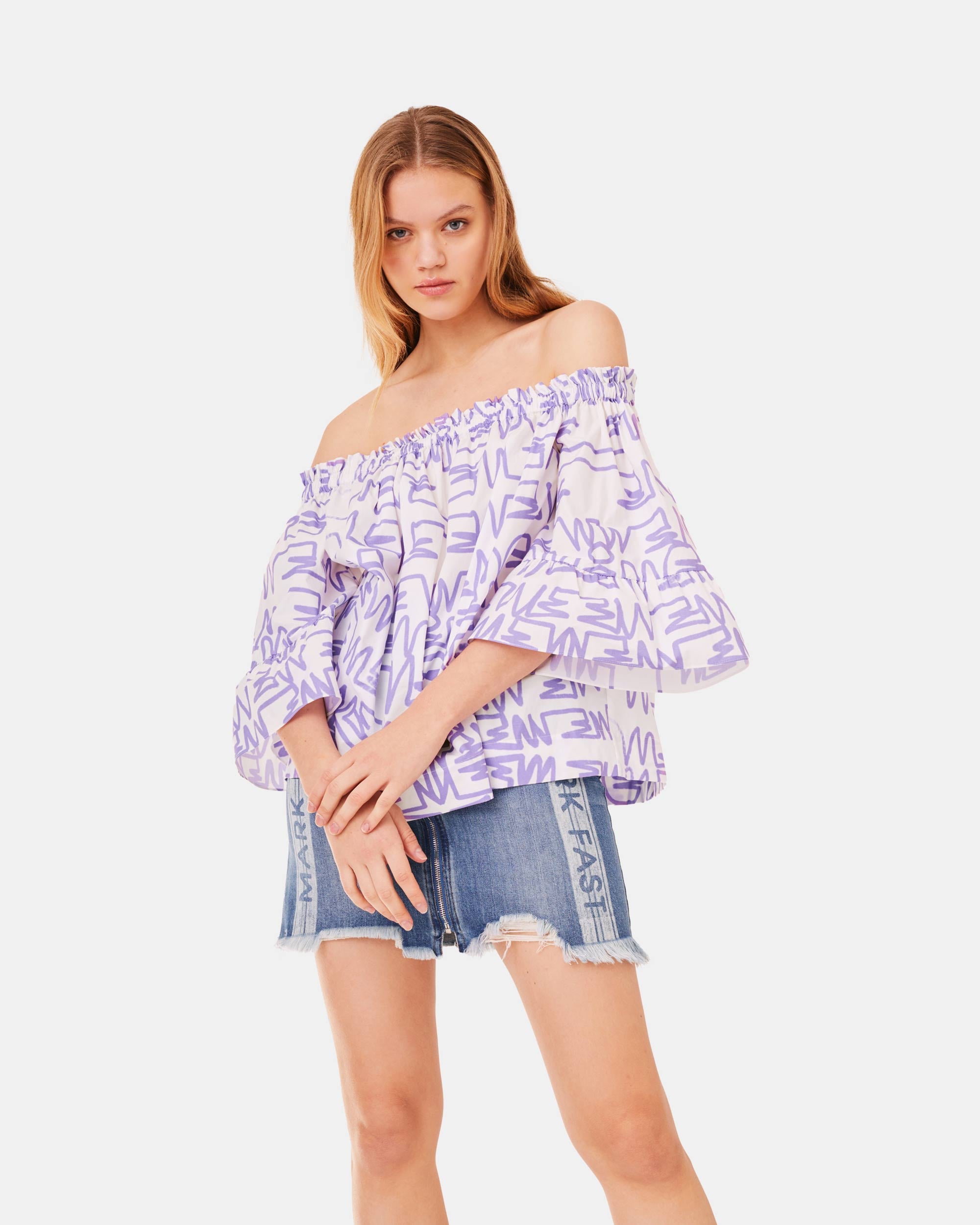 Women's Graffiti Pattern Off-Shoulder Wide Sleeve Blouse
