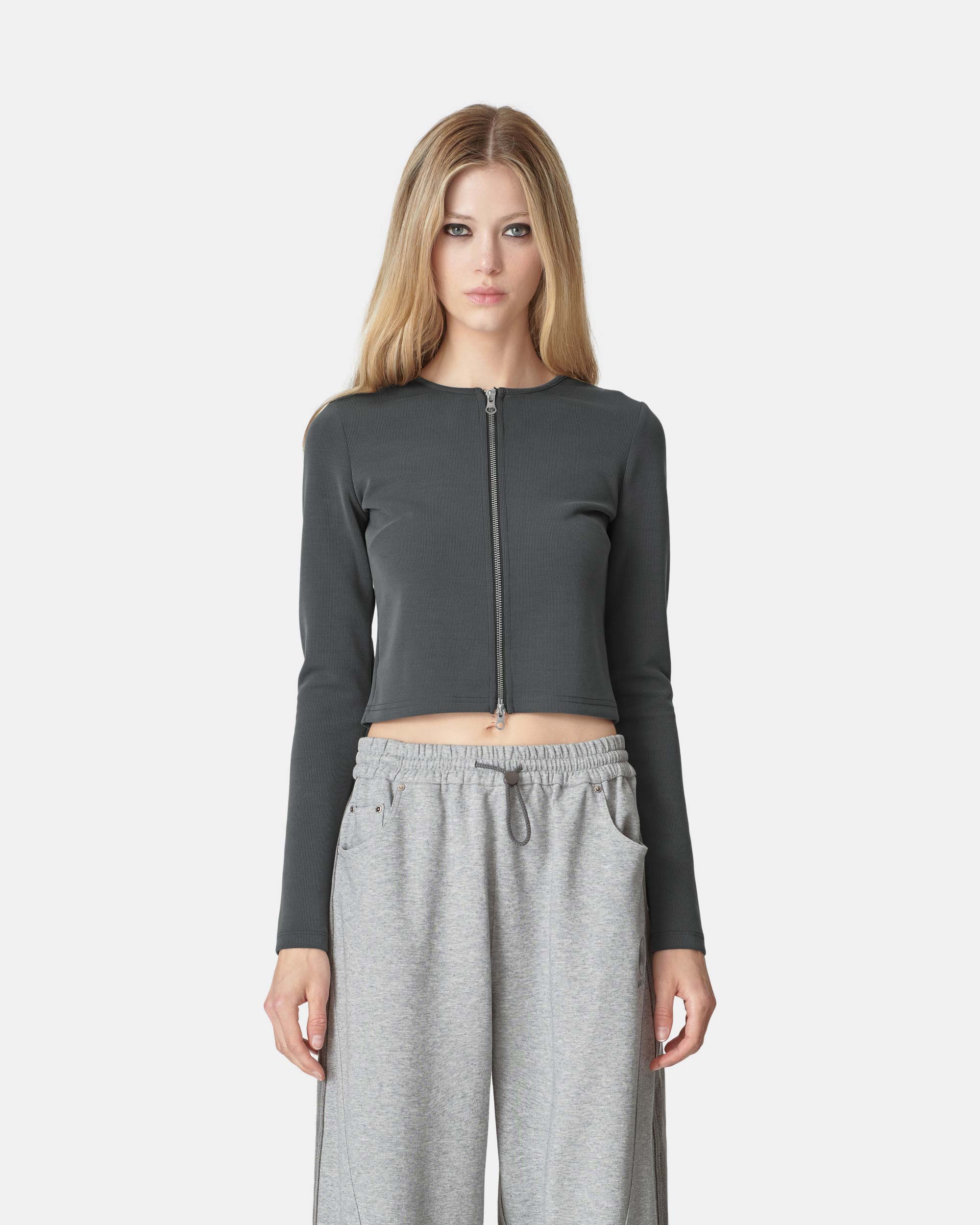 Women's Simple Dark Gray Zipper Top