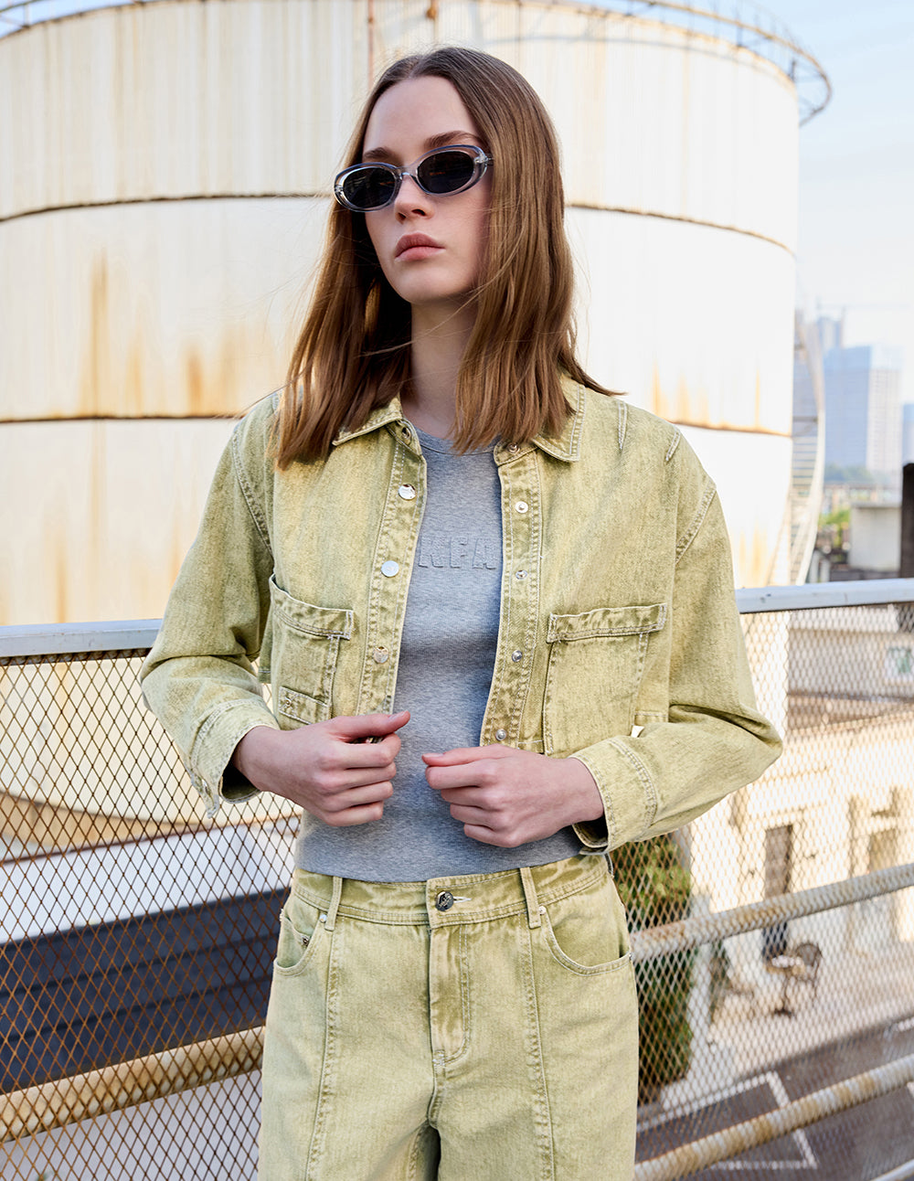 Women's Vintage Acid Wash Sage Cropped Cargo Jacket