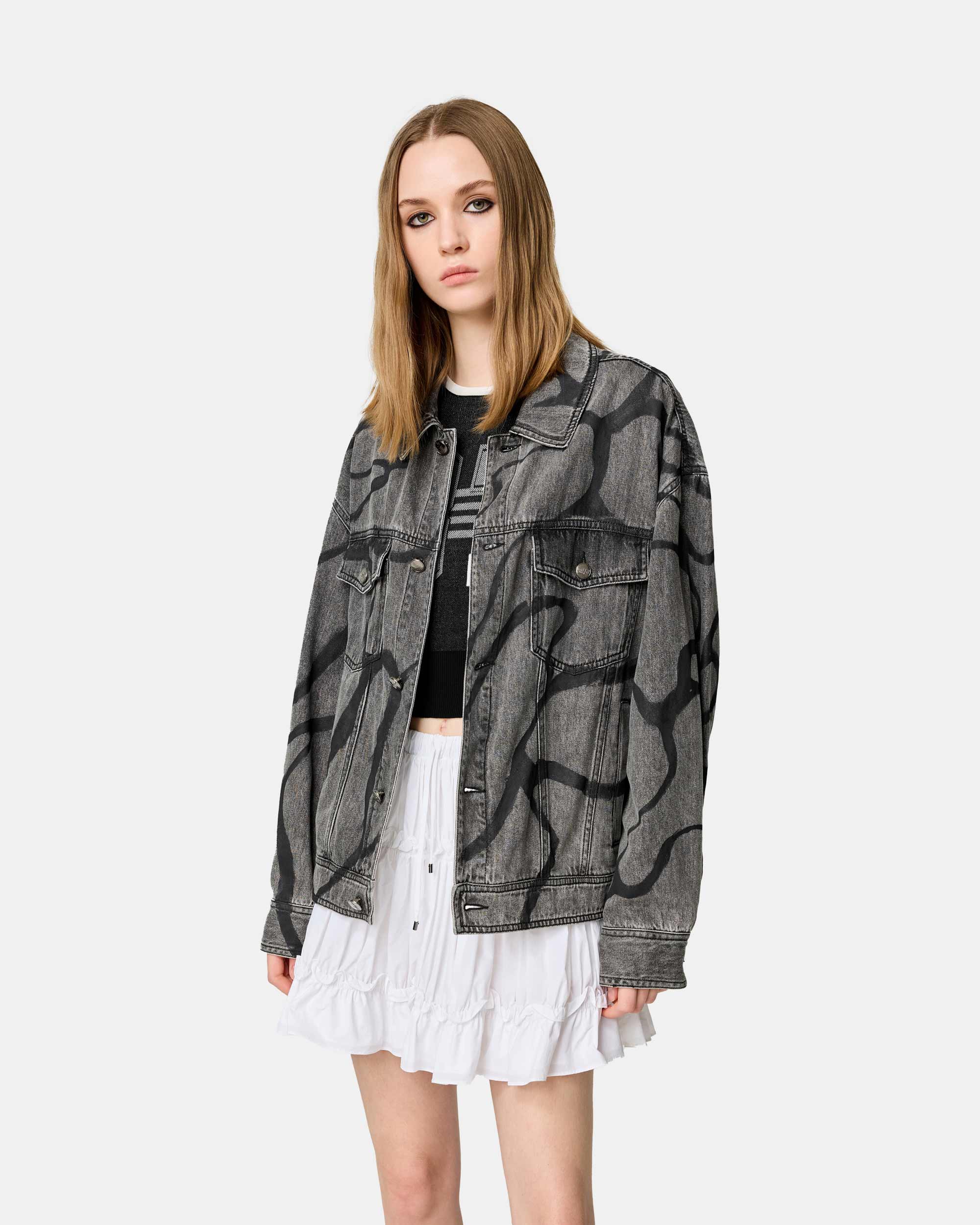 Unisex Abstract Print Washed Grey Denim Jacket