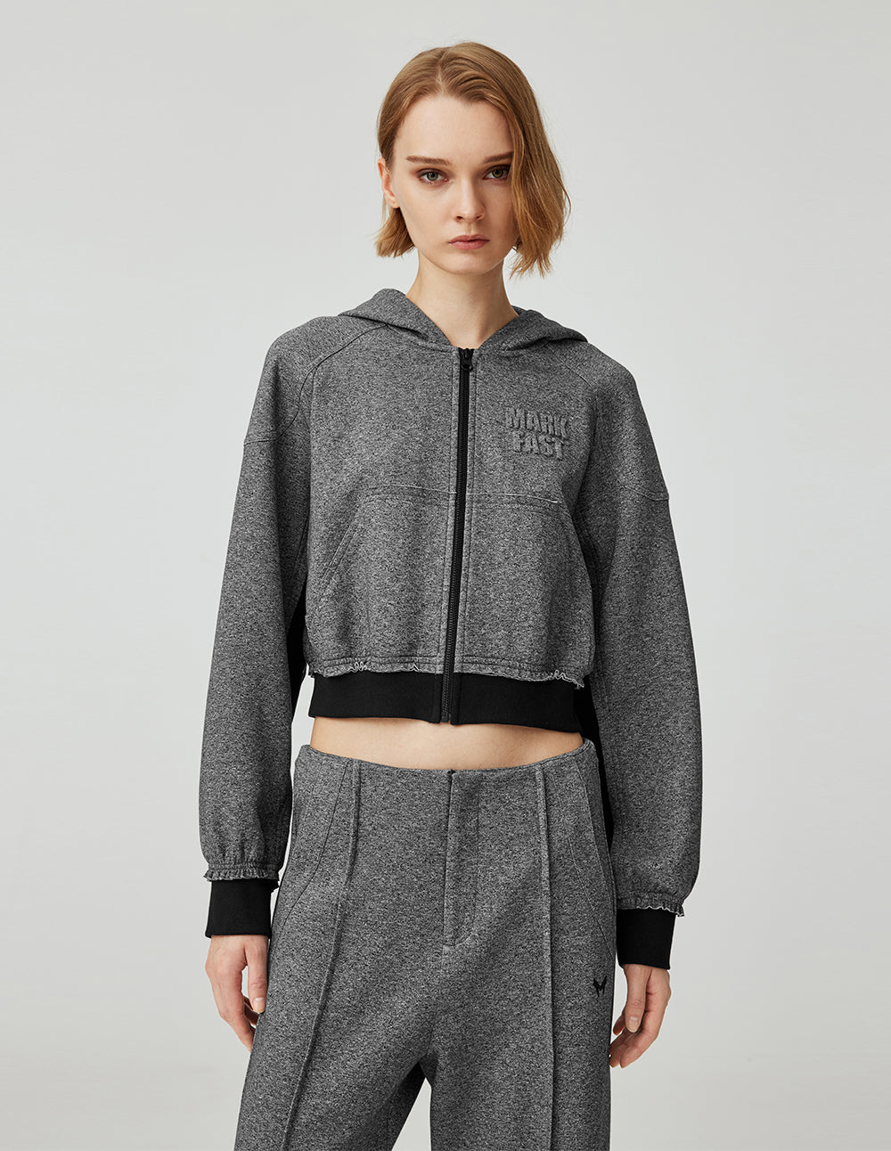 Women's Floral Grey Contrast Elastic Ribbed Zip-Up Hoodie