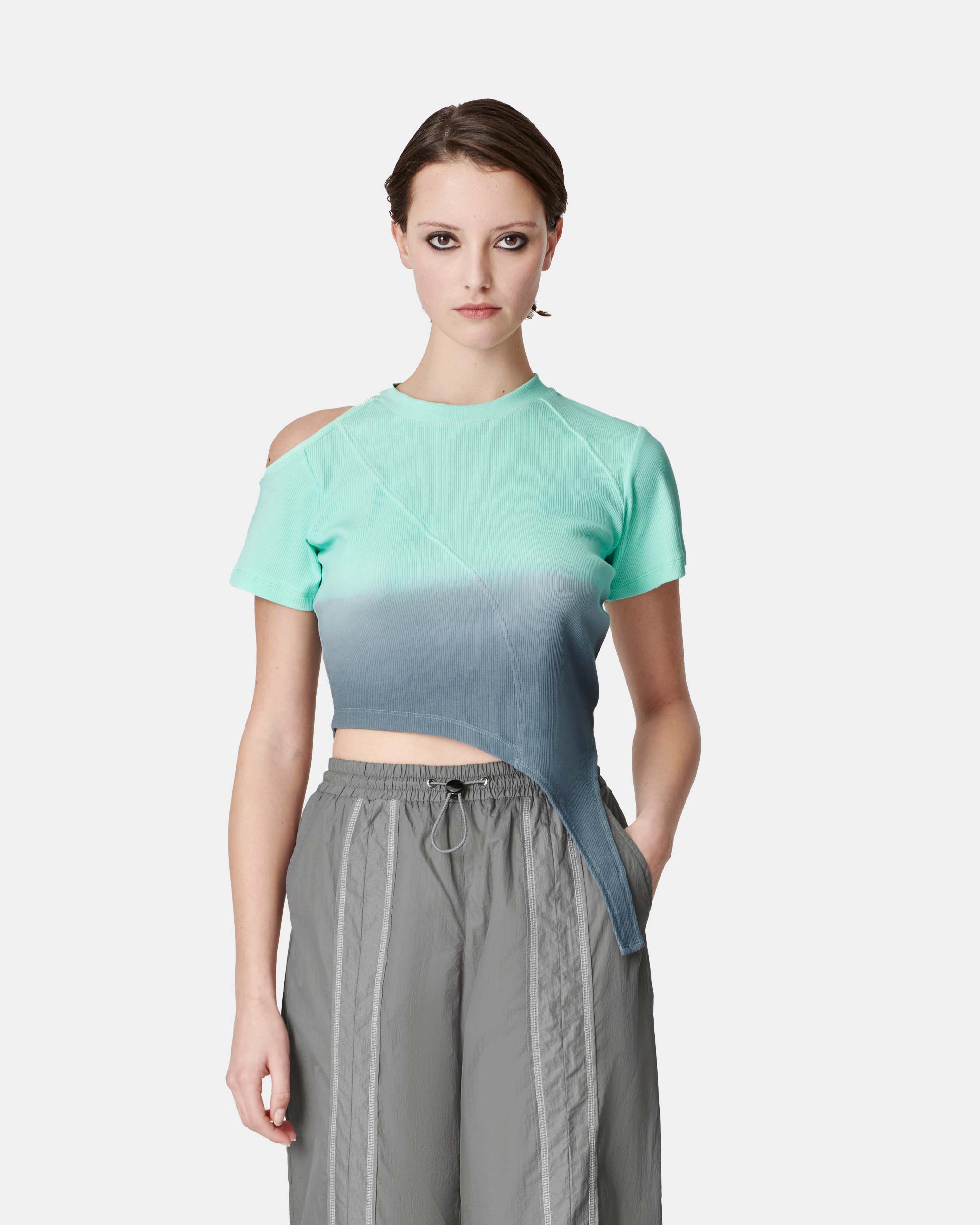 Women's Gradient Cold-Shoulder Slant Hem Dip-Dye Crop Top