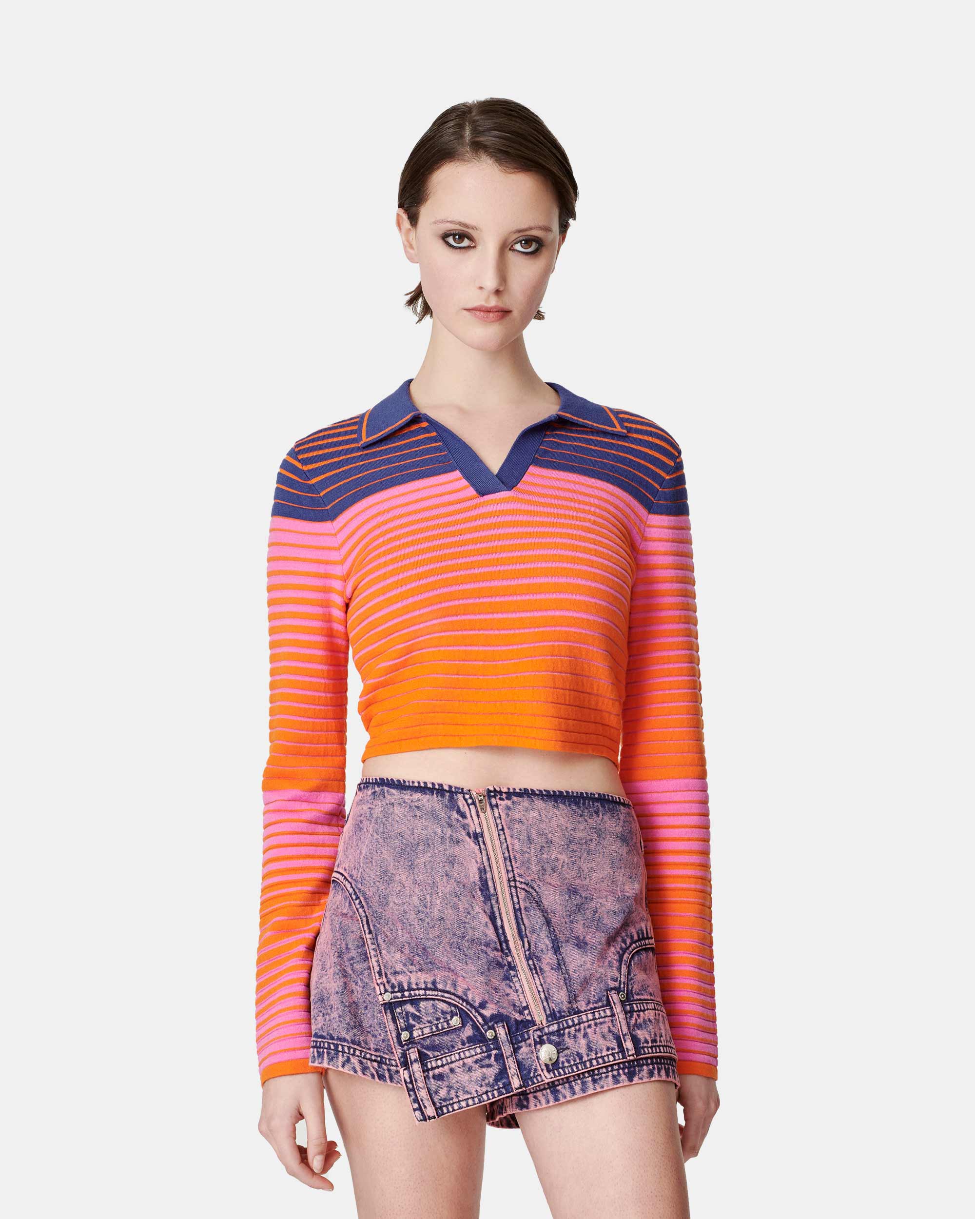 Women's Gradient Striped V-Neck Polo Collar Cropped Sweater