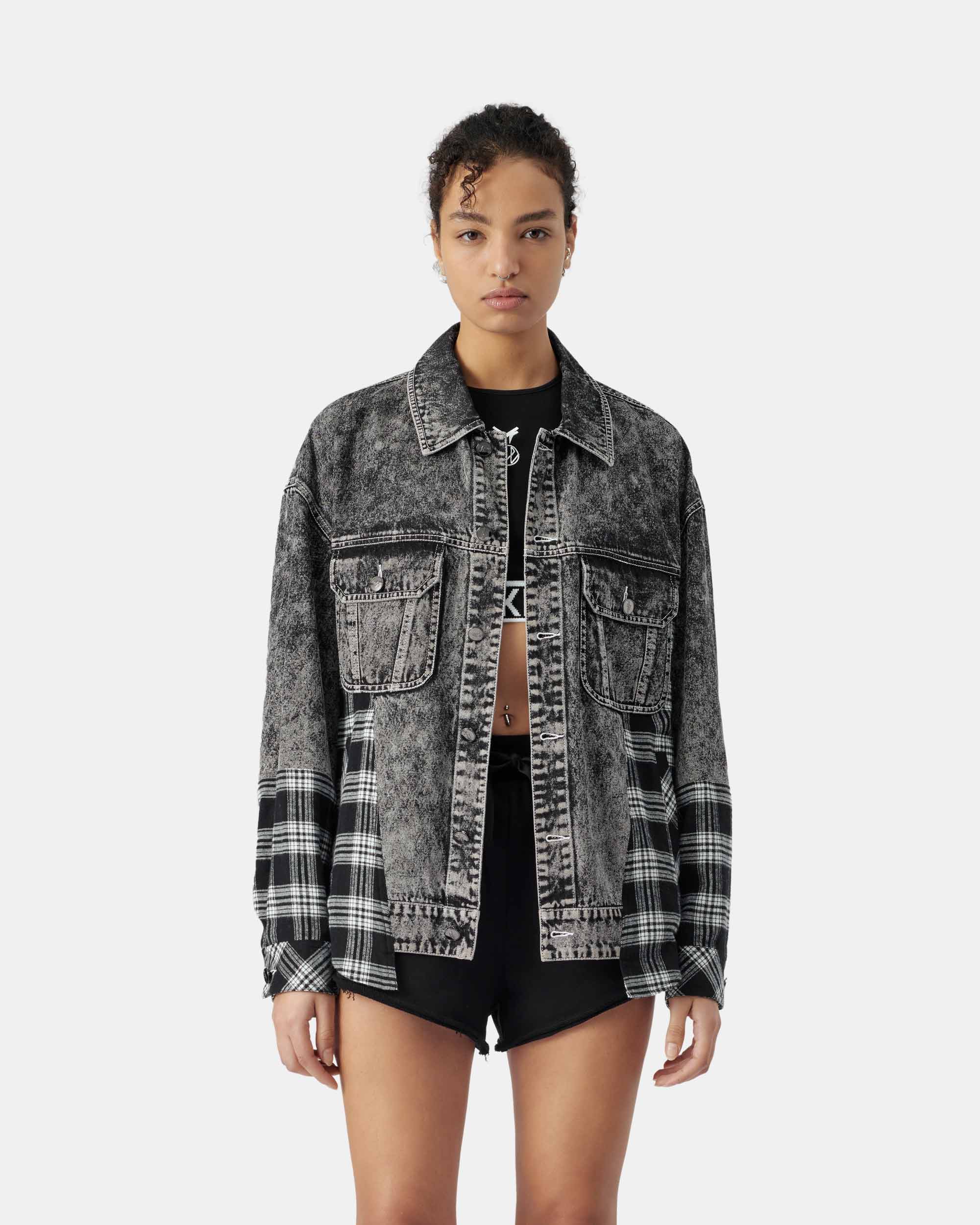 Unisex's Plaid Stitching Denim Jacket