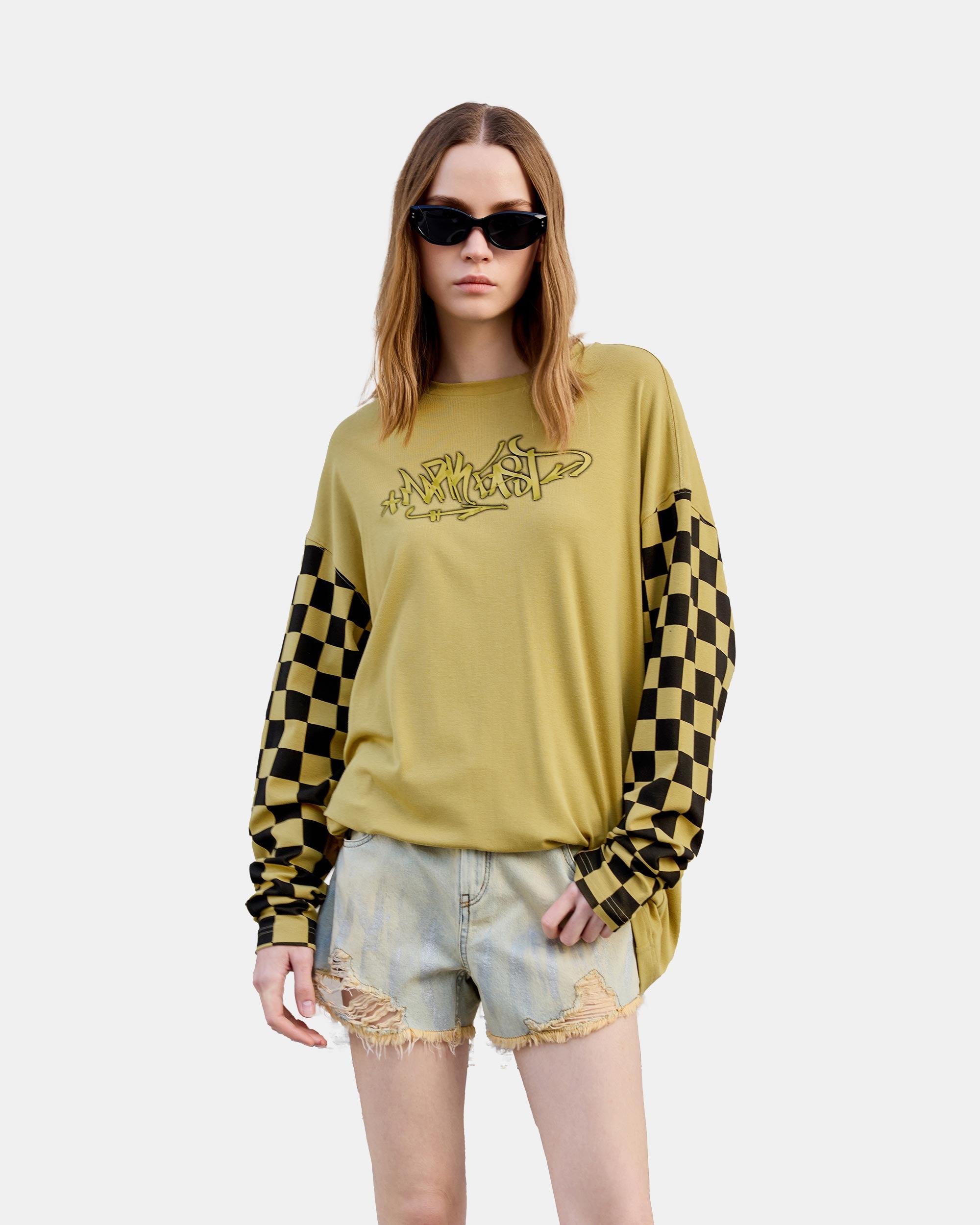 Women's Checkered Panelled Graffiti Print Loose Fit Top