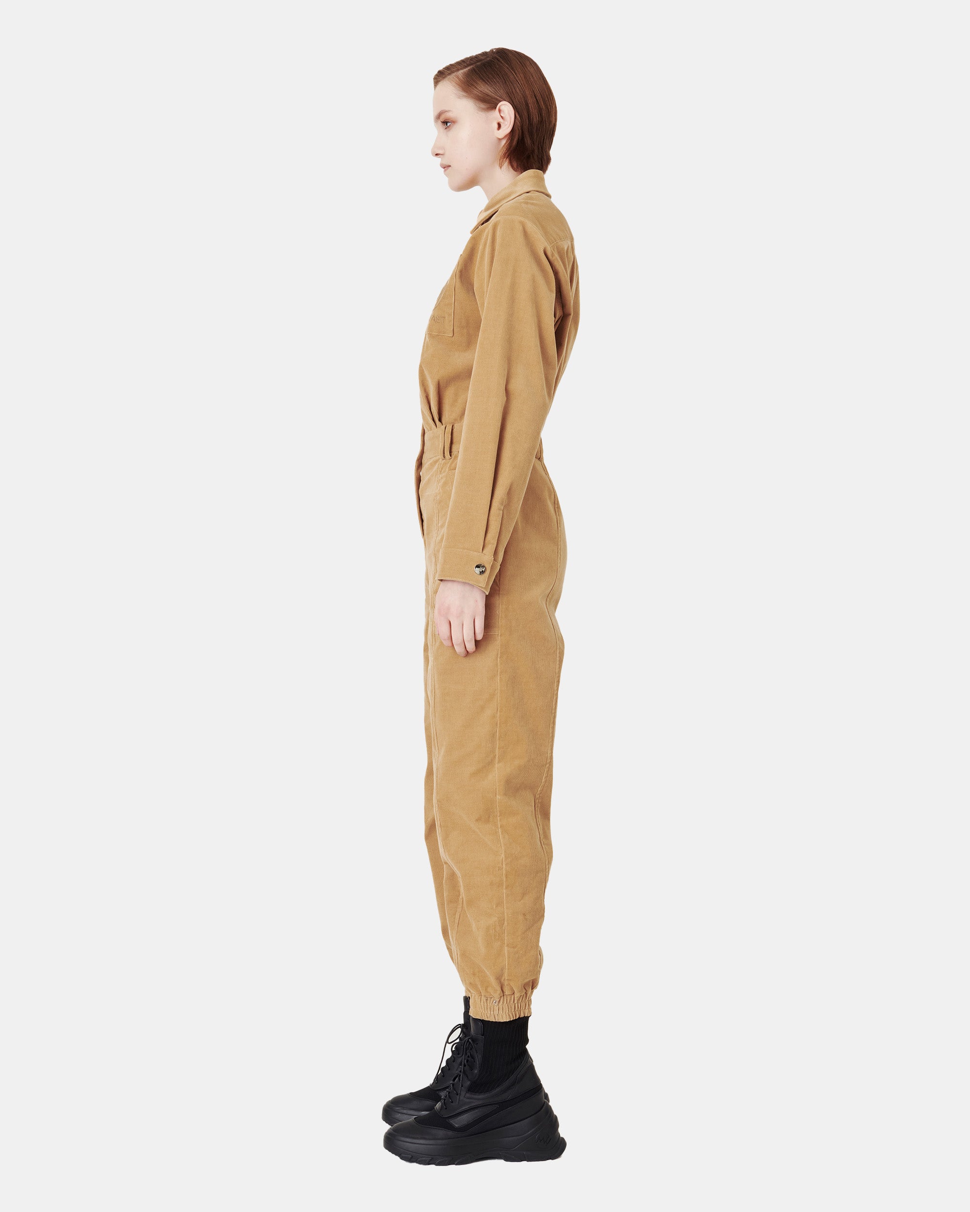 Women's Corduroy Collared Button-Up Elastic Waist Jumpsuit