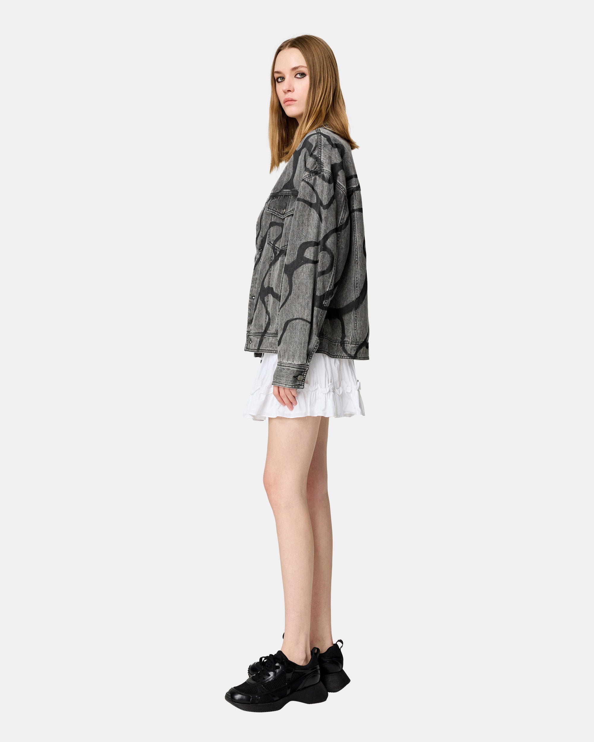 Unisex Abstract Print Washed Grey Denim Jacket