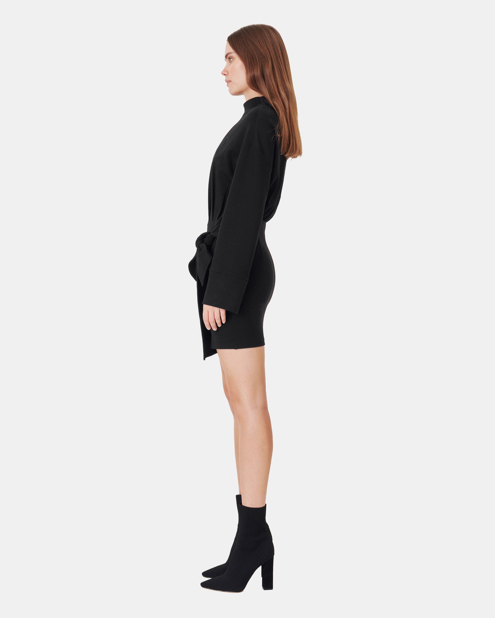 Women's Mock Neck Self-Tie Wrap Sweatshirt Mini Dress