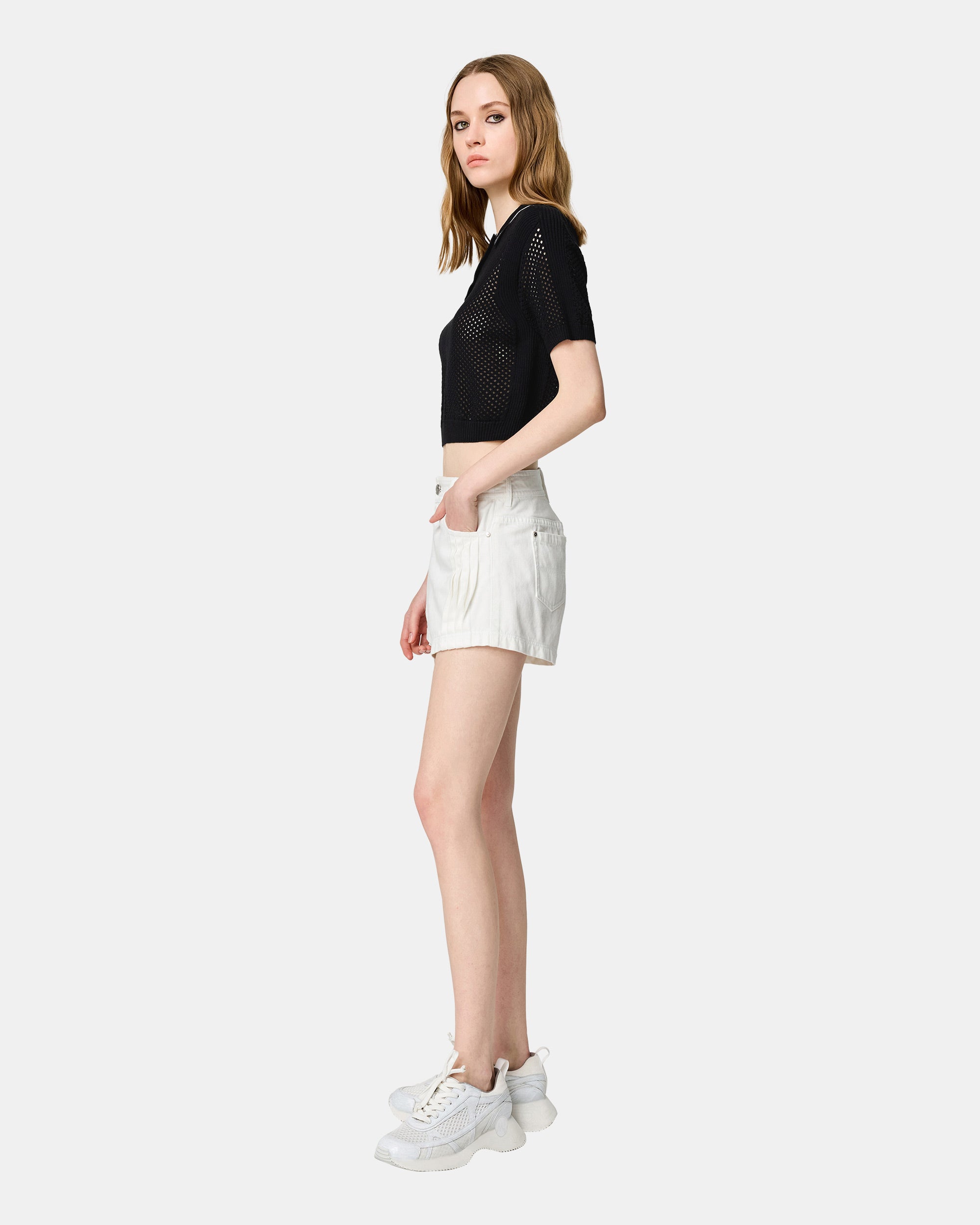 Women's Black Polo Neck Eyelet Sweater