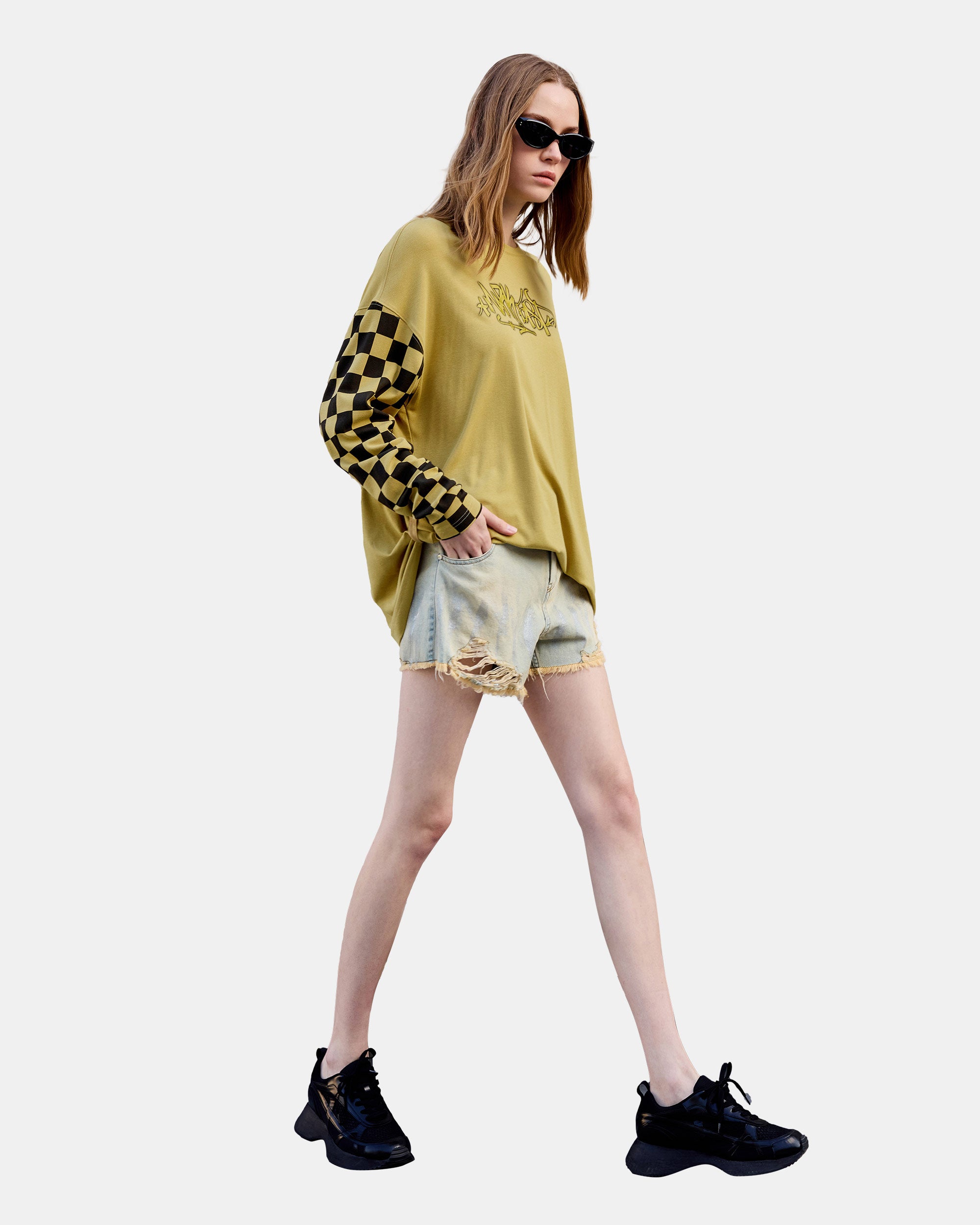 Women's Checkered Panelled Graffiti Print Loose Fit Top