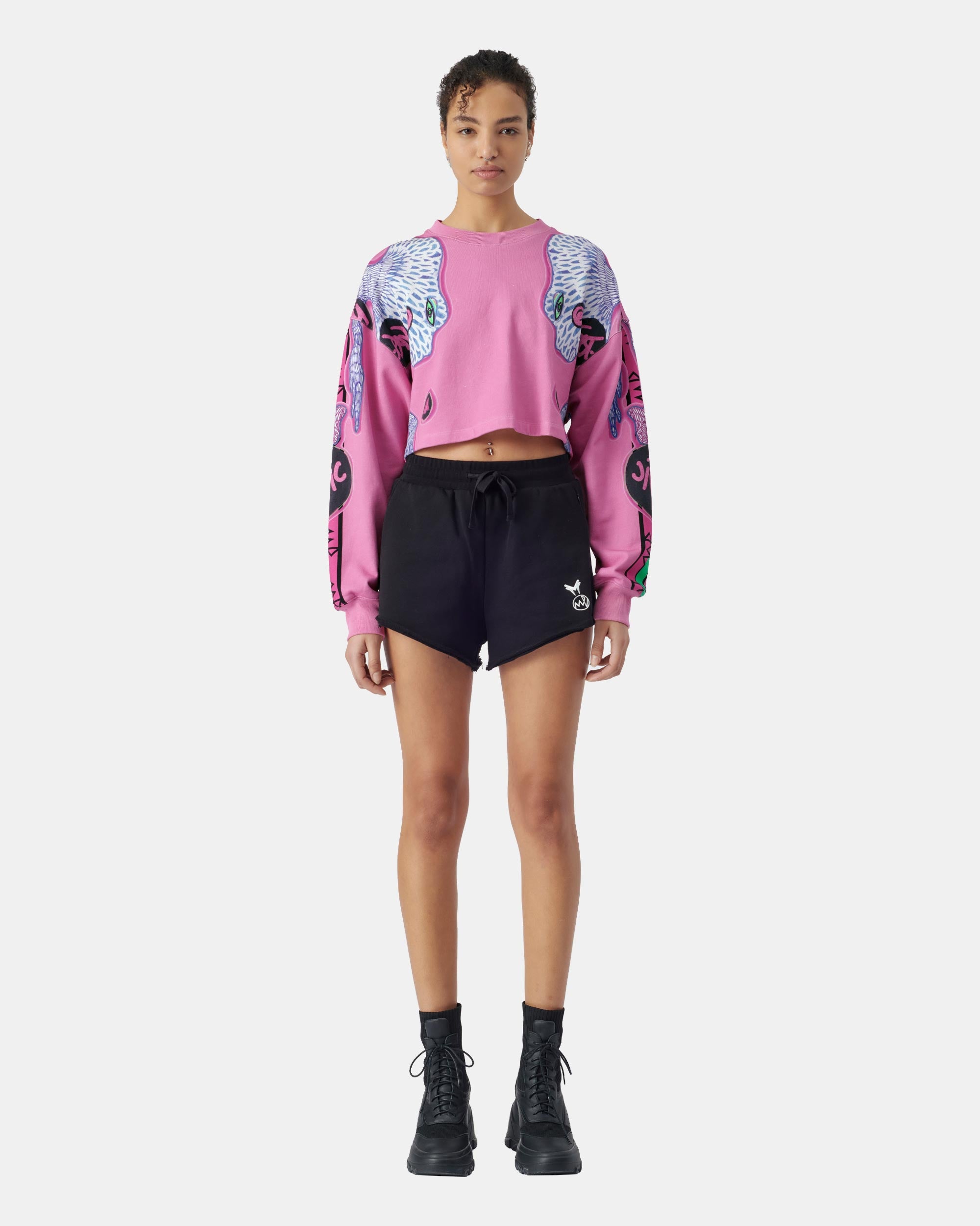 Women's Grey Contrast Print Crop Hoodie Sweatshirt