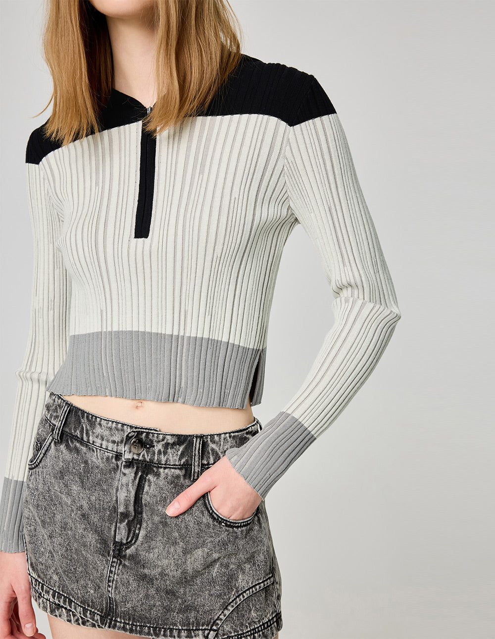 Women's Quarter Zip Colorblock Ribbed Knit Cropped Pullover