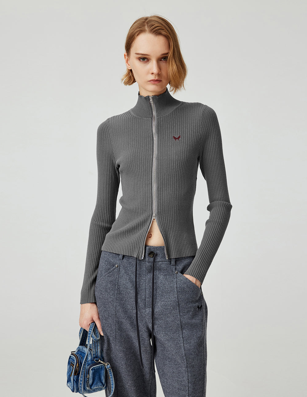 Women's High-Grade Grey Double-Zipper Slim Fit Knitted Cardigan