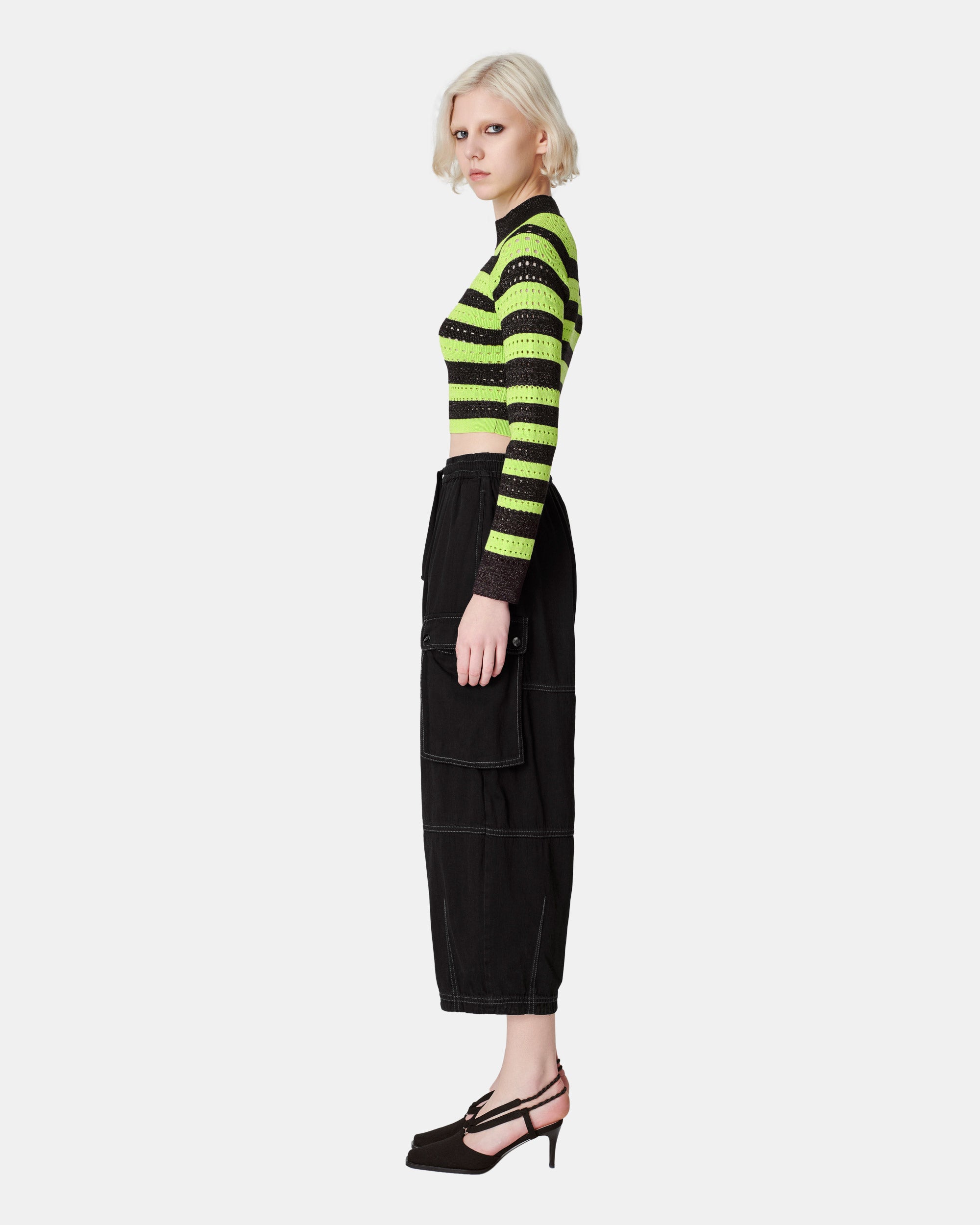 Women's Fluorescent Green Contrast Striped Sweater