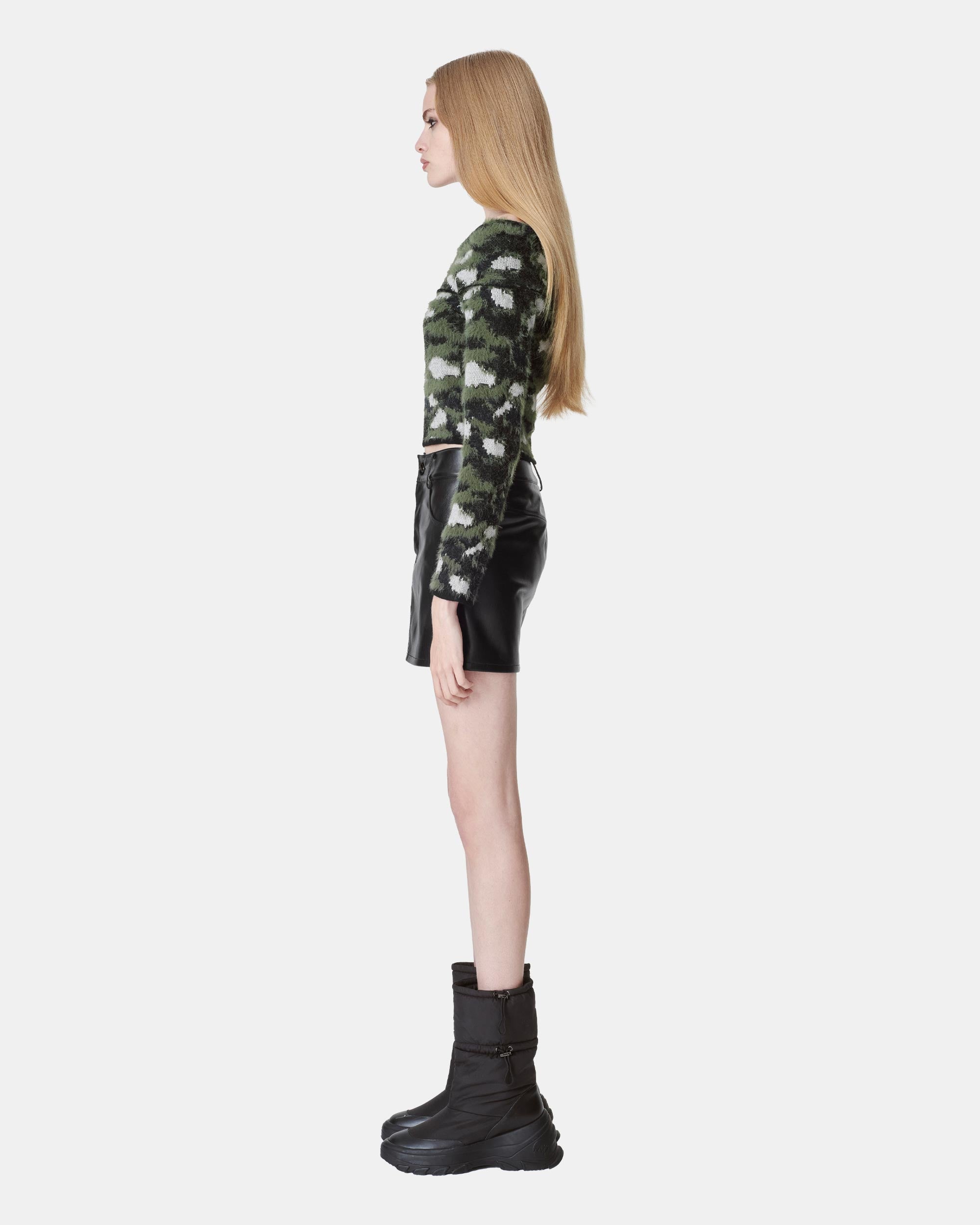 Women's Camo Jacquard Fuzzy Off-the-Shoulder Sweater
