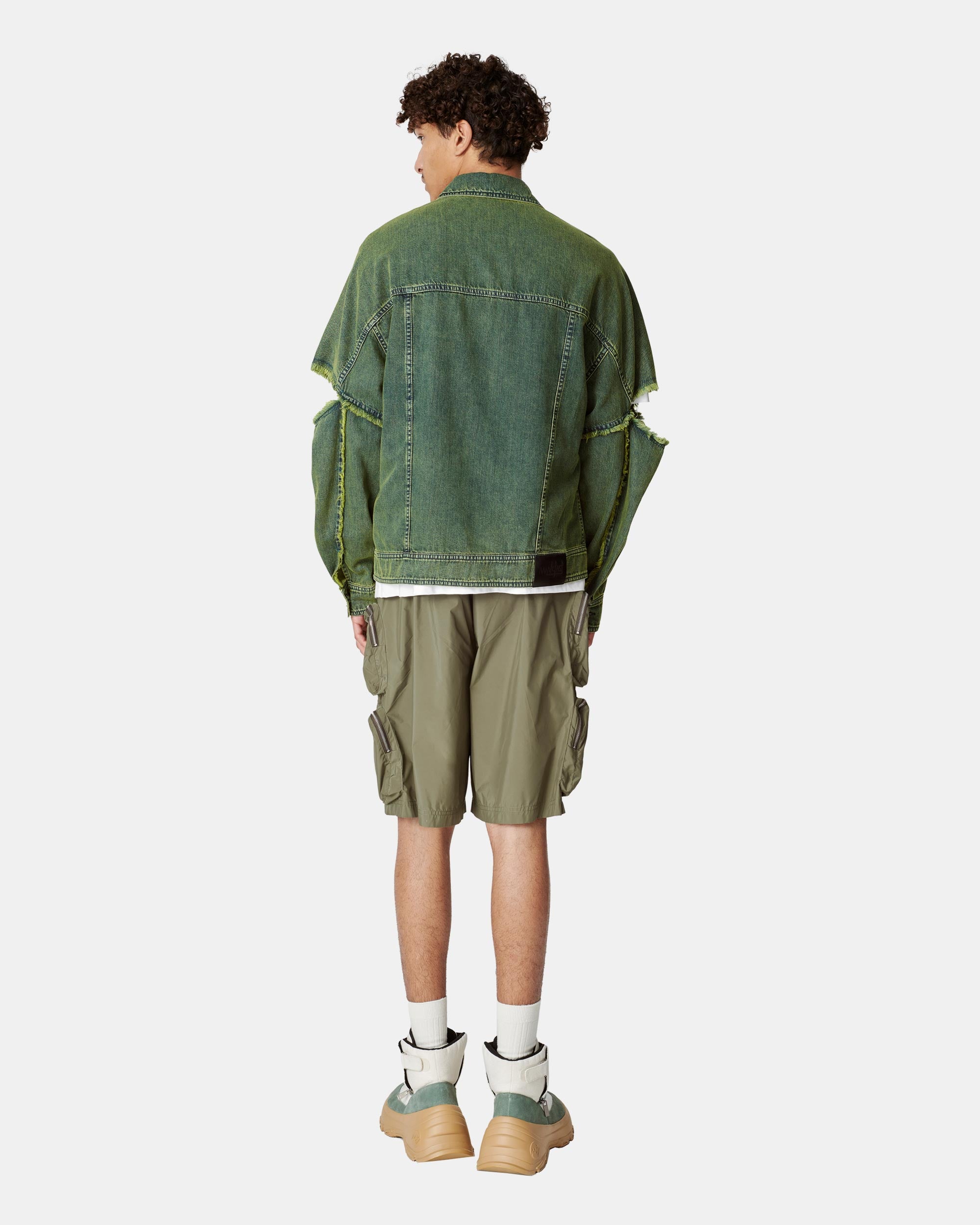 Unisex Style Ripped Sleeve Washed Denim Jacket
