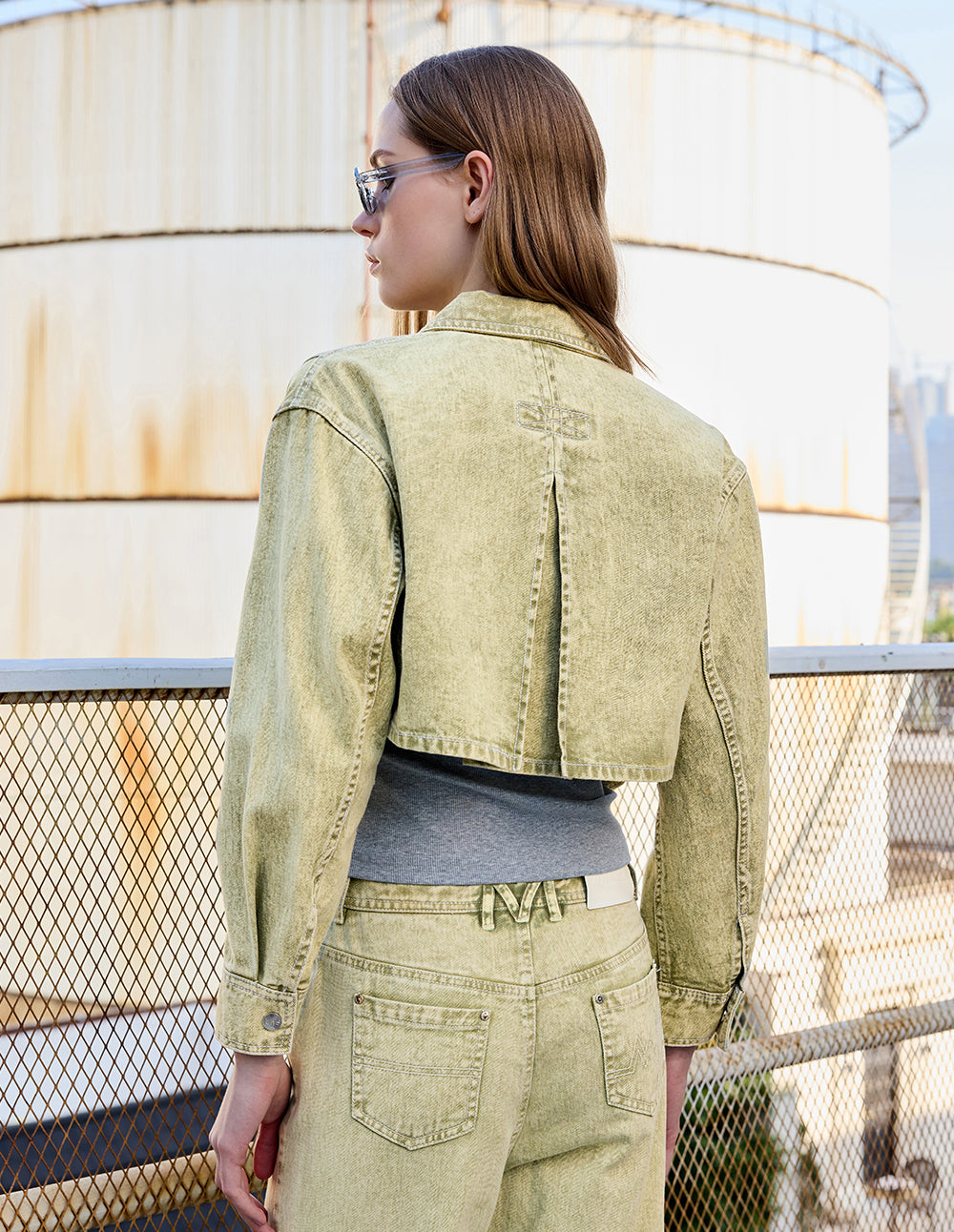 Women's Vintage Acid Wash Sage Cropped Cargo Jacket