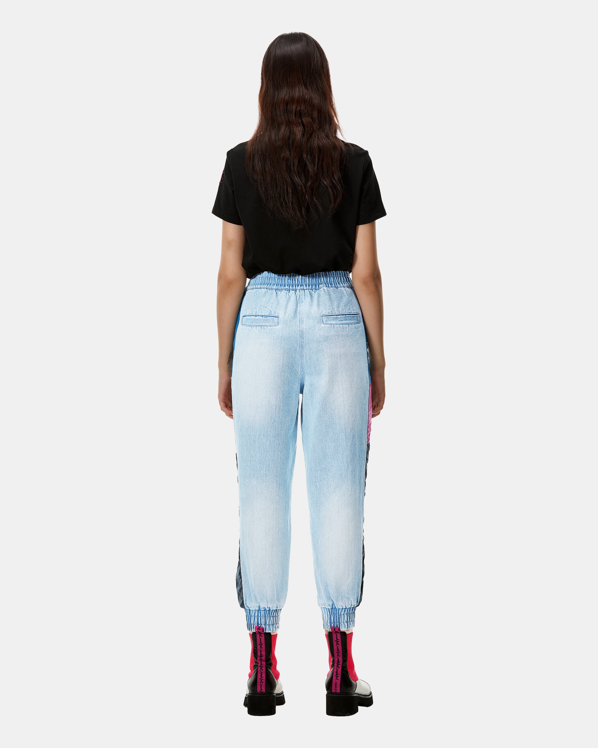Women Down Fabric Patch Denim Jogger Jeans