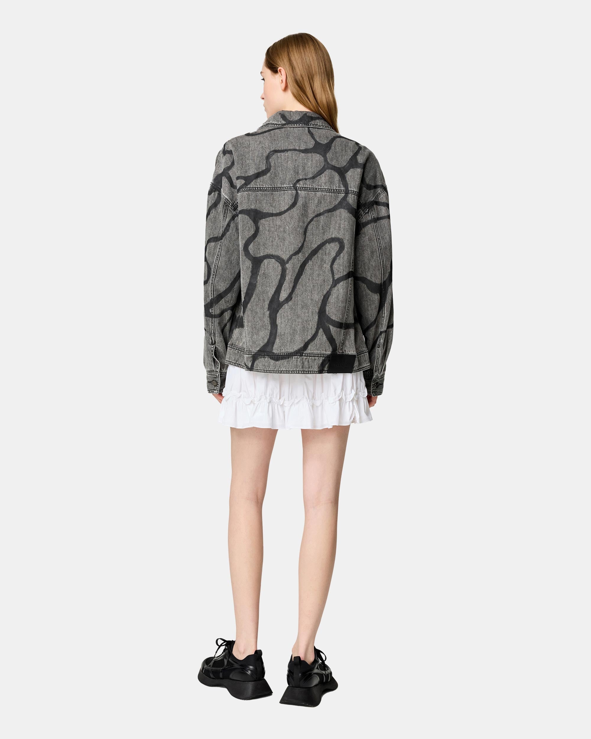 Unisex Abstract Print Washed Grey Denim Jacket