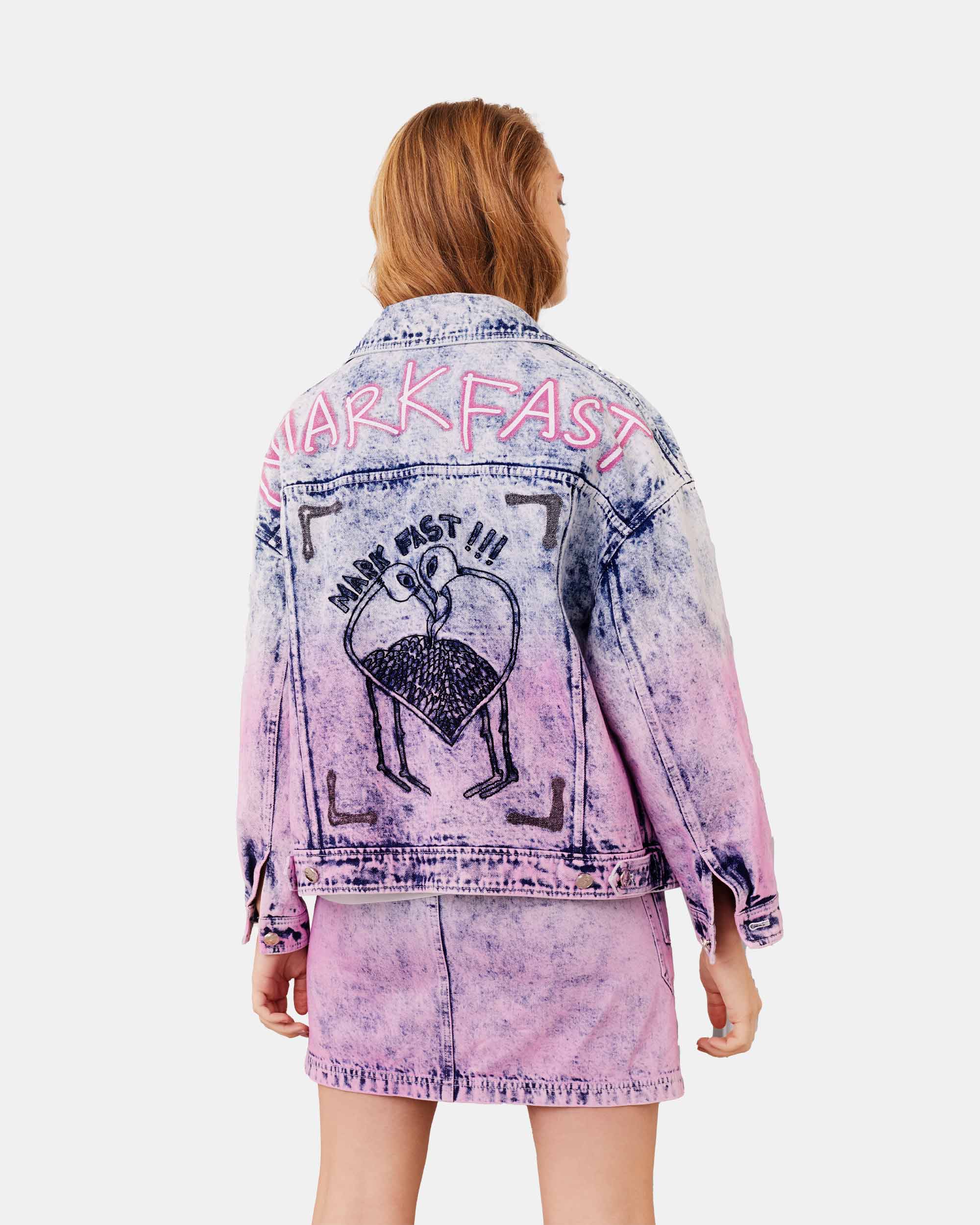 Women's Passion Flamingo Contrast Color Washed Denim Jacket