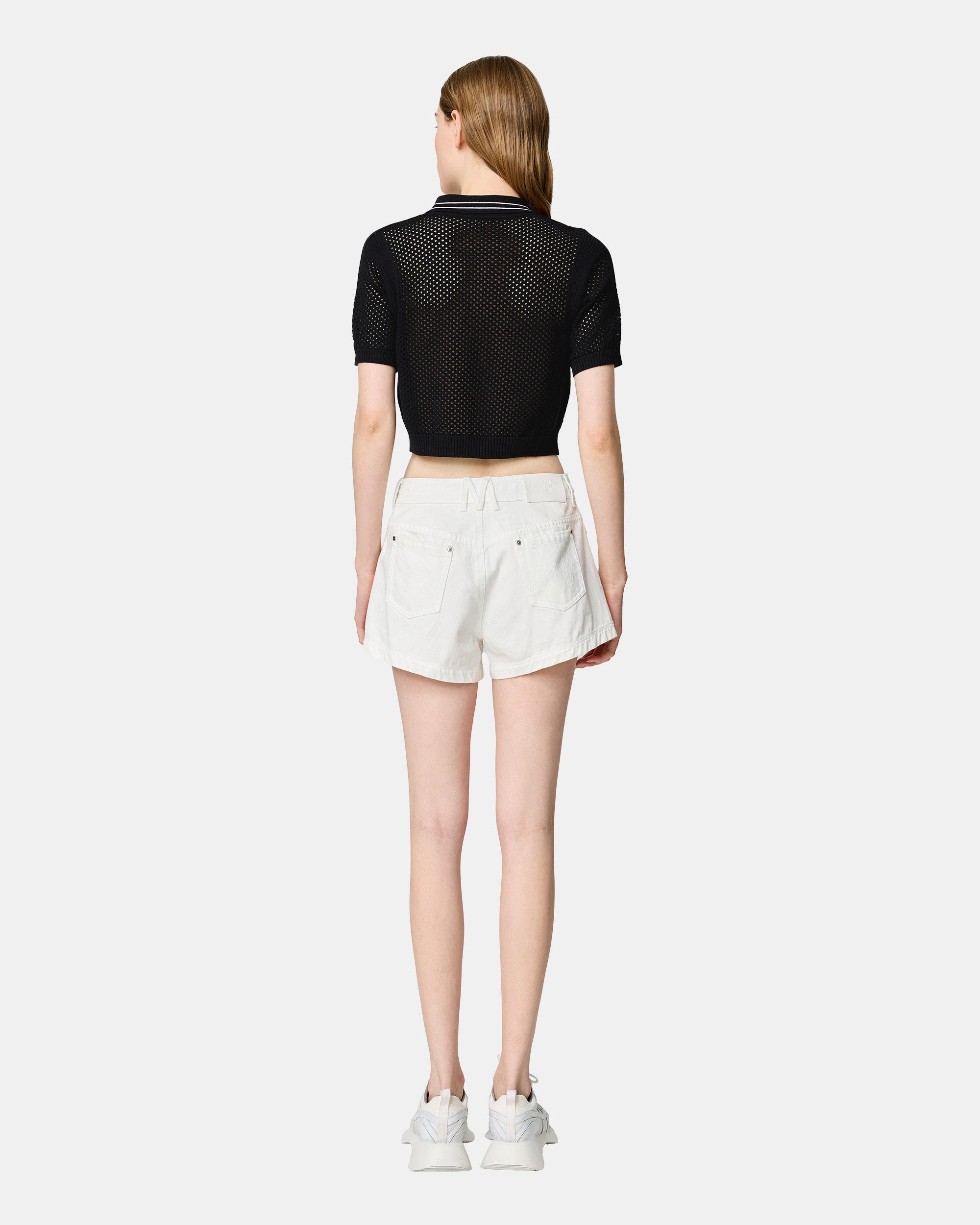 Women's Black Polo Neck Eyelet Sweater