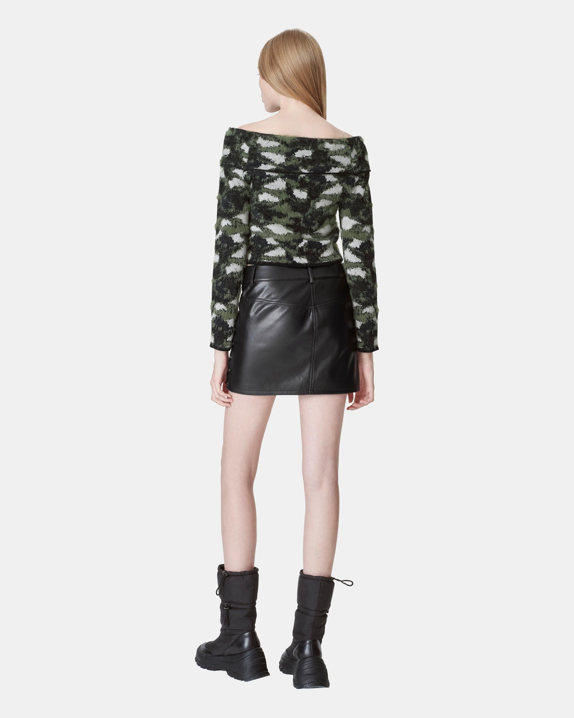 Women's Camo Jacquard Fuzzy Off-the-Shoulder Sweater